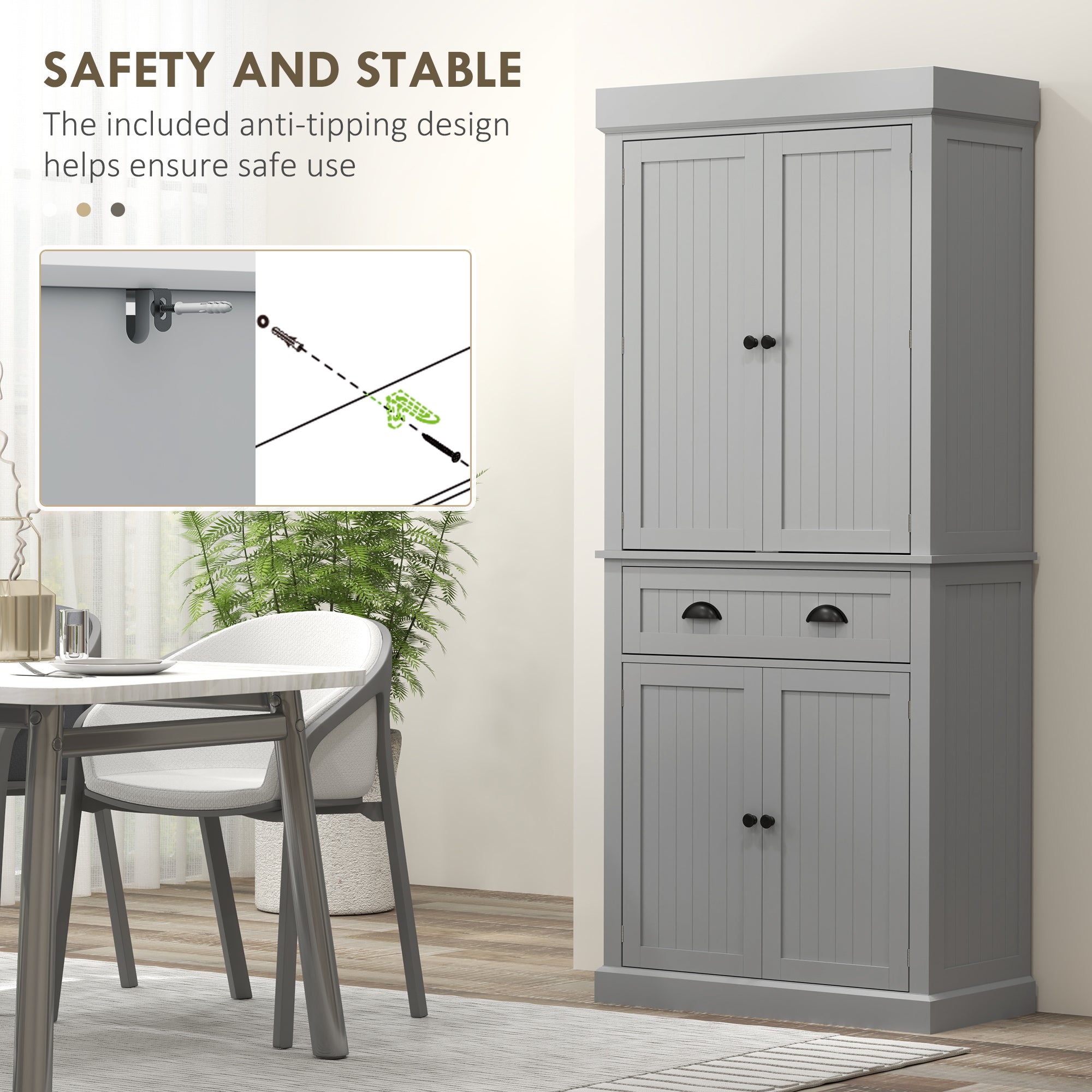 71" Pantry Cabinet with LED Motion Sensor Light, Freestanding Kitchen Pantry with 6 Spice Racks, Drawer and Adjustable Shelves, Tall Buffet Cabinet with Hutch, Grey