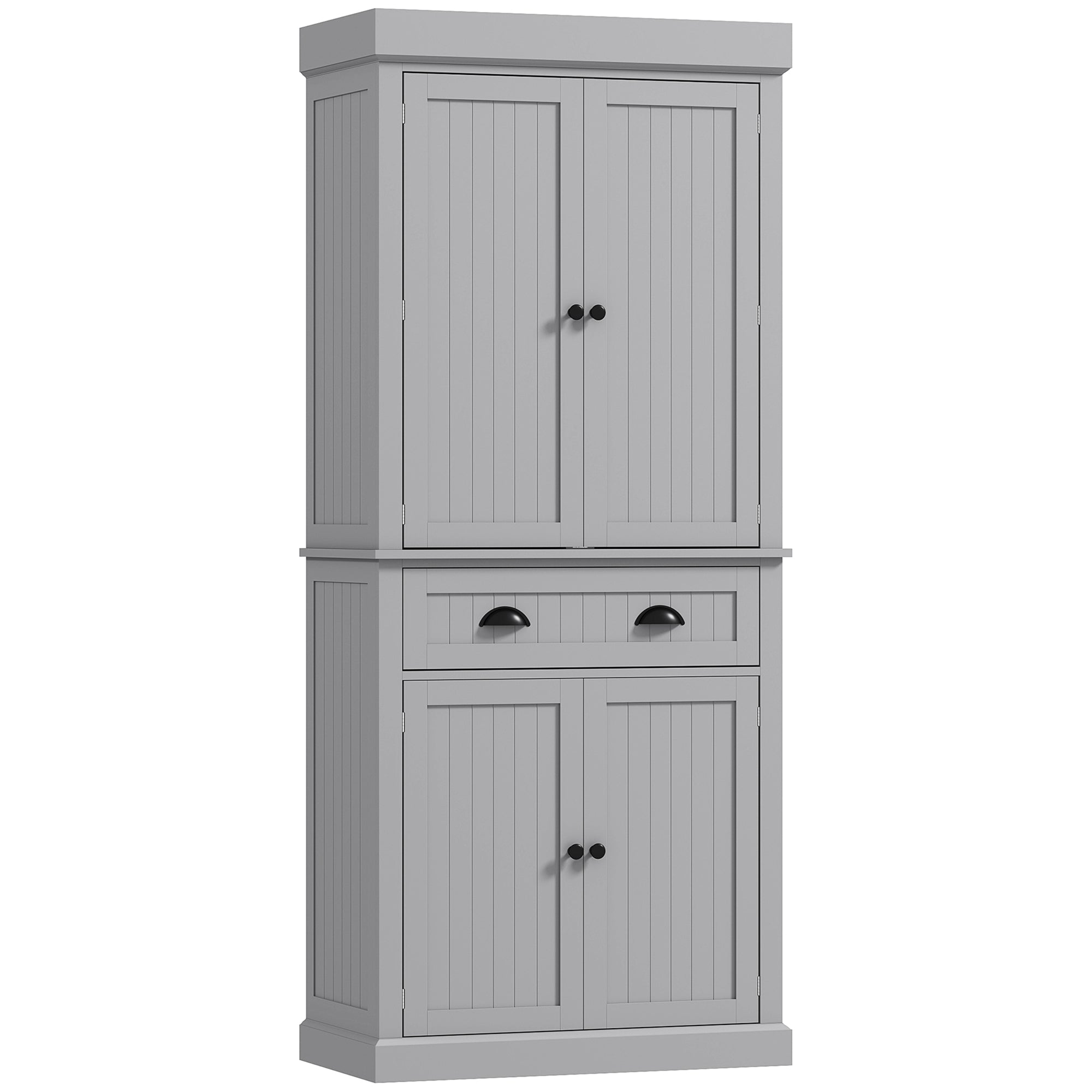 71" Pantry Cabinet with LED Motion Sensor Light, Freestanding Kitchen Pantry with 6 Spice Racks, Drawer and Adjustable Shelves, Tall Buffet Cabinet with Hutch, Grey