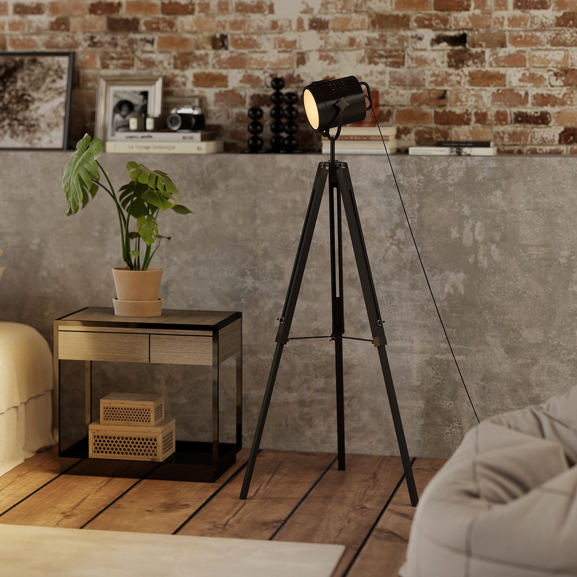 Industrial Tripod Floor Lamp, Nautical Searchlight with Adjustable Height, Wood Legs, E14 Lamp Base for Living Room, Bedroom, Black