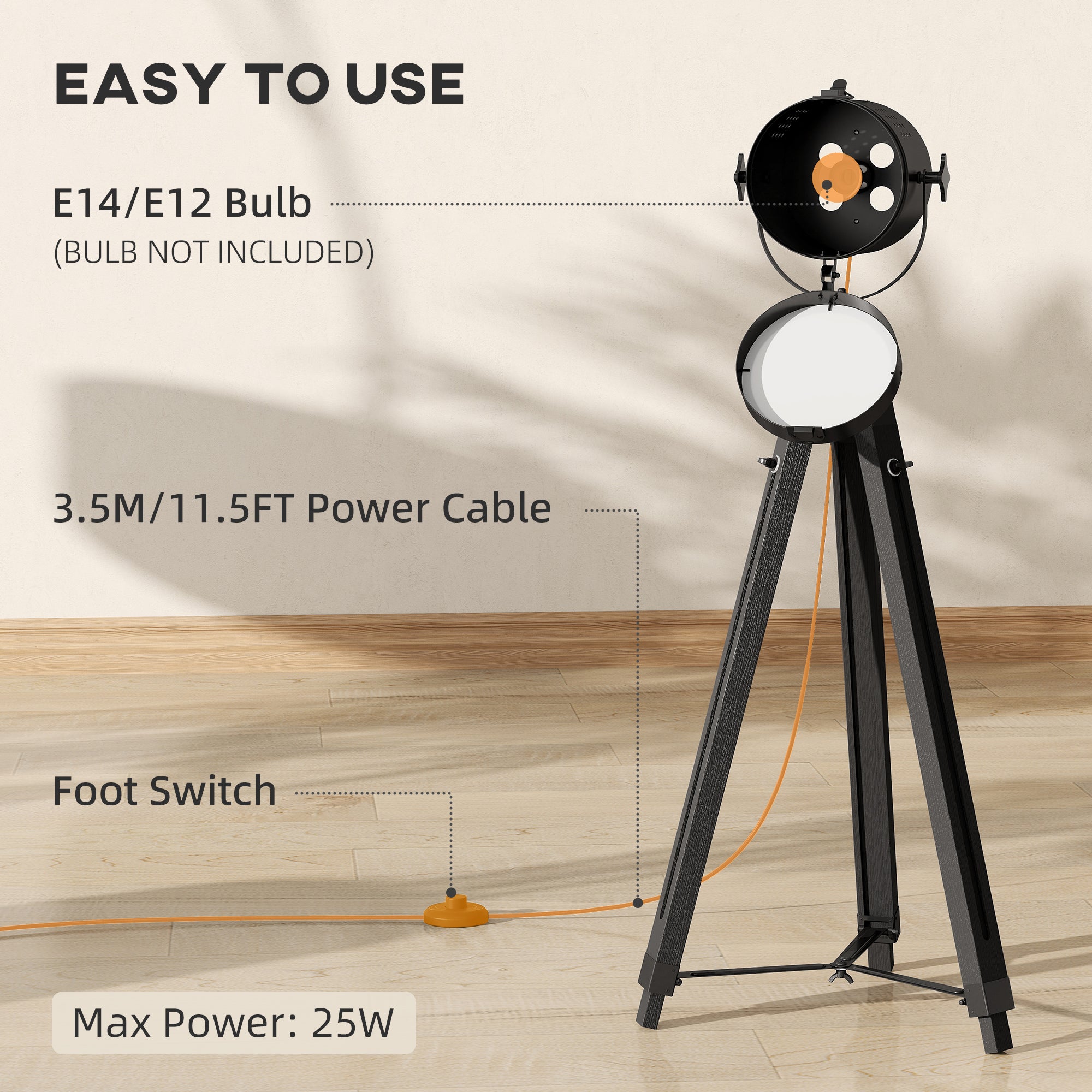 Industrial Tripod Floor Lamp, Nautical Searchlight with Adjustable Height, Wood Legs, E14 Lamp Base for Living Room, Bedroom, Black