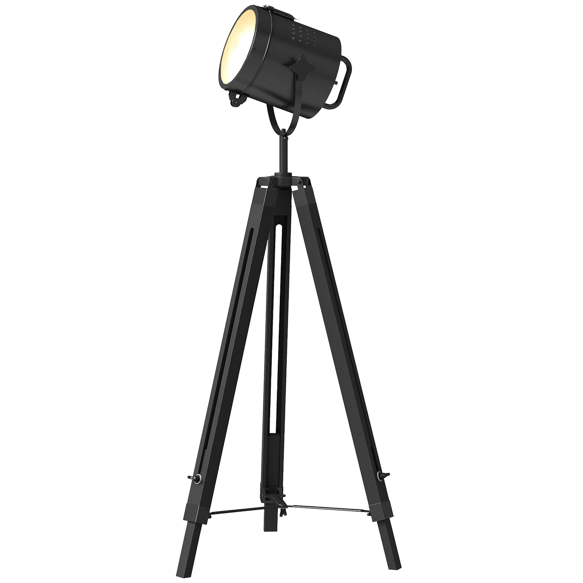 Industrial Tripod Floor Lamp, Nautical Searchlight with Adjustable Height, Wood Legs, E14 Lamp Base for Living Room, Bedroom, Black