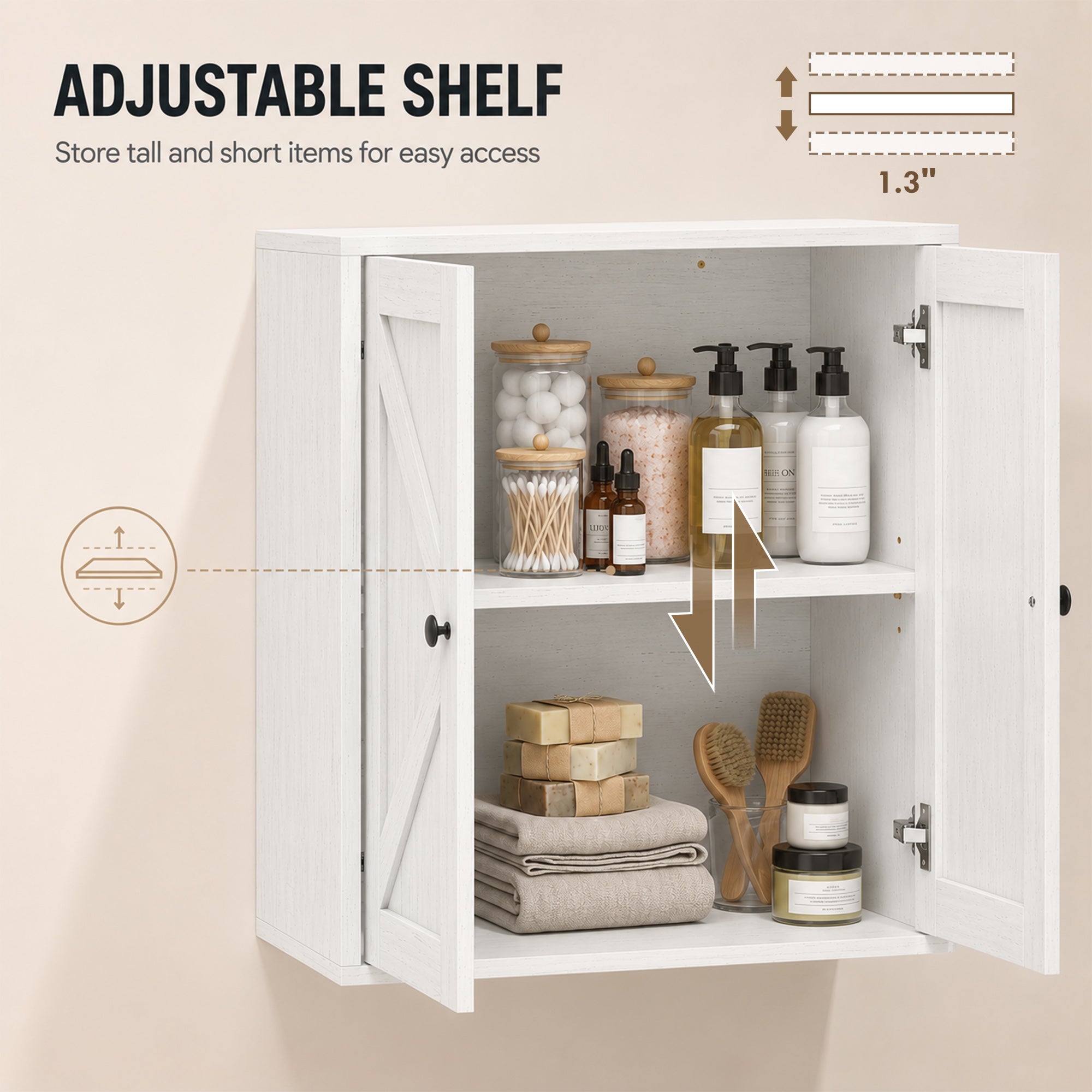 Bathroom Wall Cabinet, Farmhouse Medicine Cabinet, Over The Toilet Space Saver with 2 Shelves, Adjustable Shelf, Barn Doors for Bathroom, Laundry Room, White Wood Grain