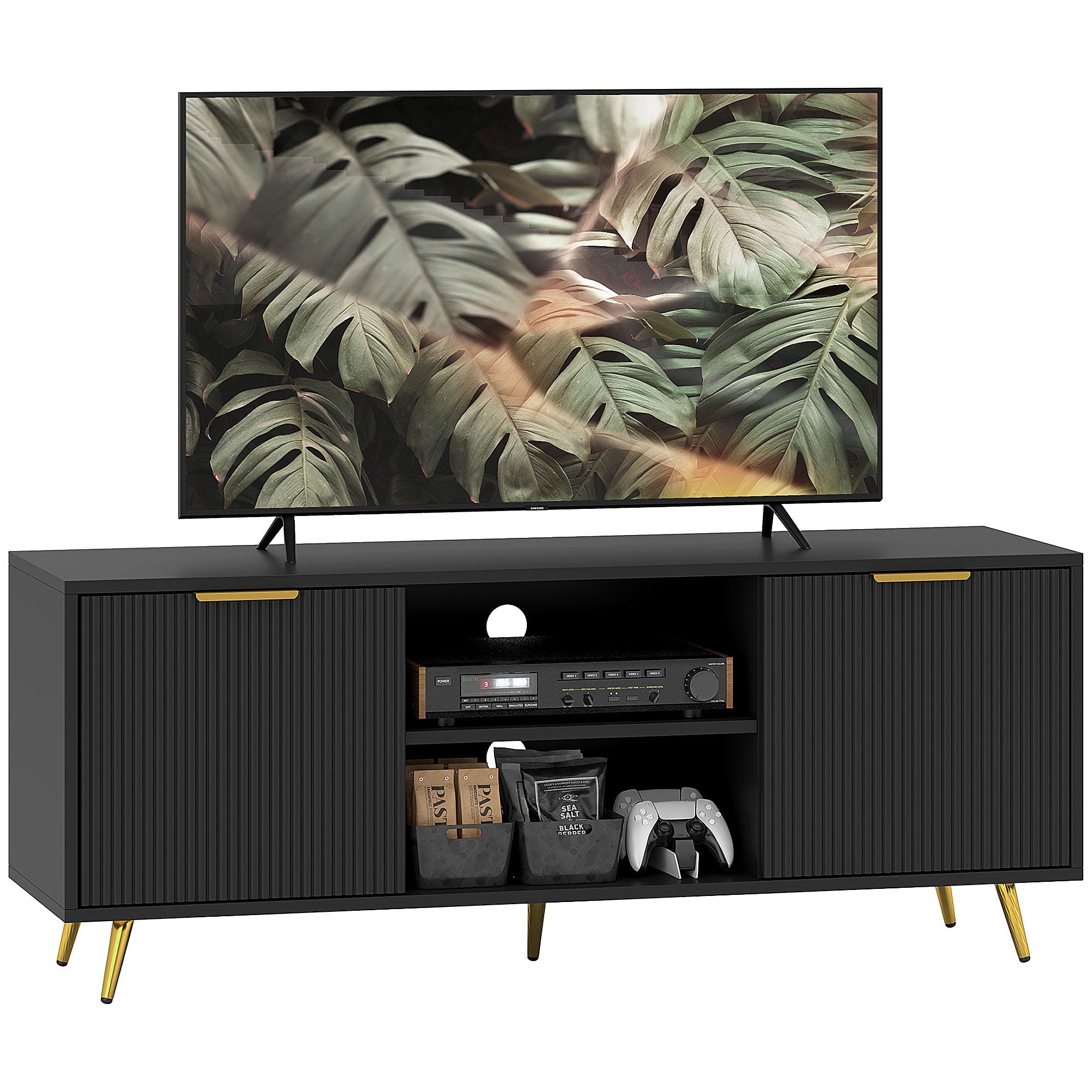 HOMCOM TV Stand with Storage for 55 Inch TV, Modern TV Table with 2 Open Shelves and 2 Cabinets, TV Console for Living Room, Black