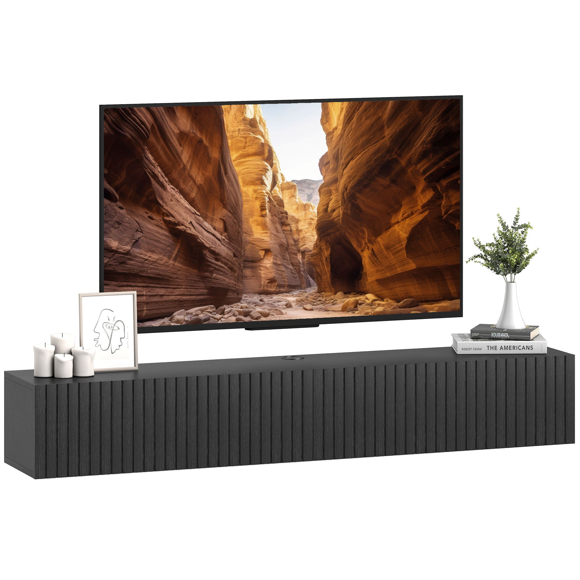 Floating TV Unit for Television up to 72 Inch, 180cm Wall Mount TV Stand Cabinet with Fluted Flip-Down Doors, Cable Management Hole, Entertainment Media Console for Living Room, Bedroom, Black