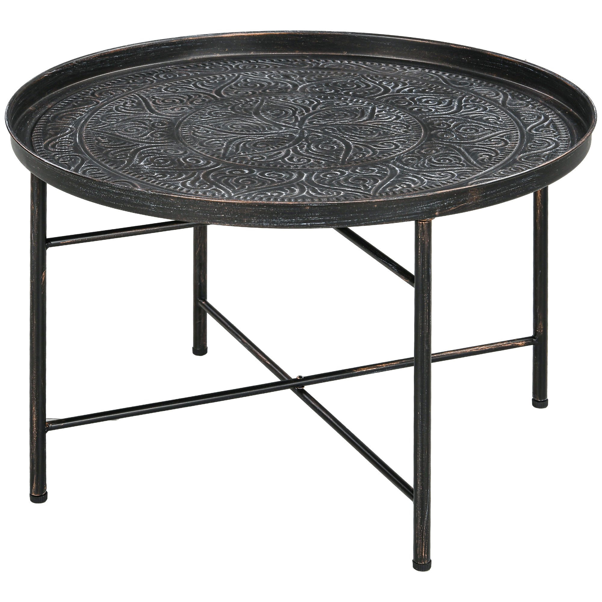 Coffee Table for Living Room, 24" Round Center Table with Hammered Tray Top and Metal Frame for Bedroom, Pewter