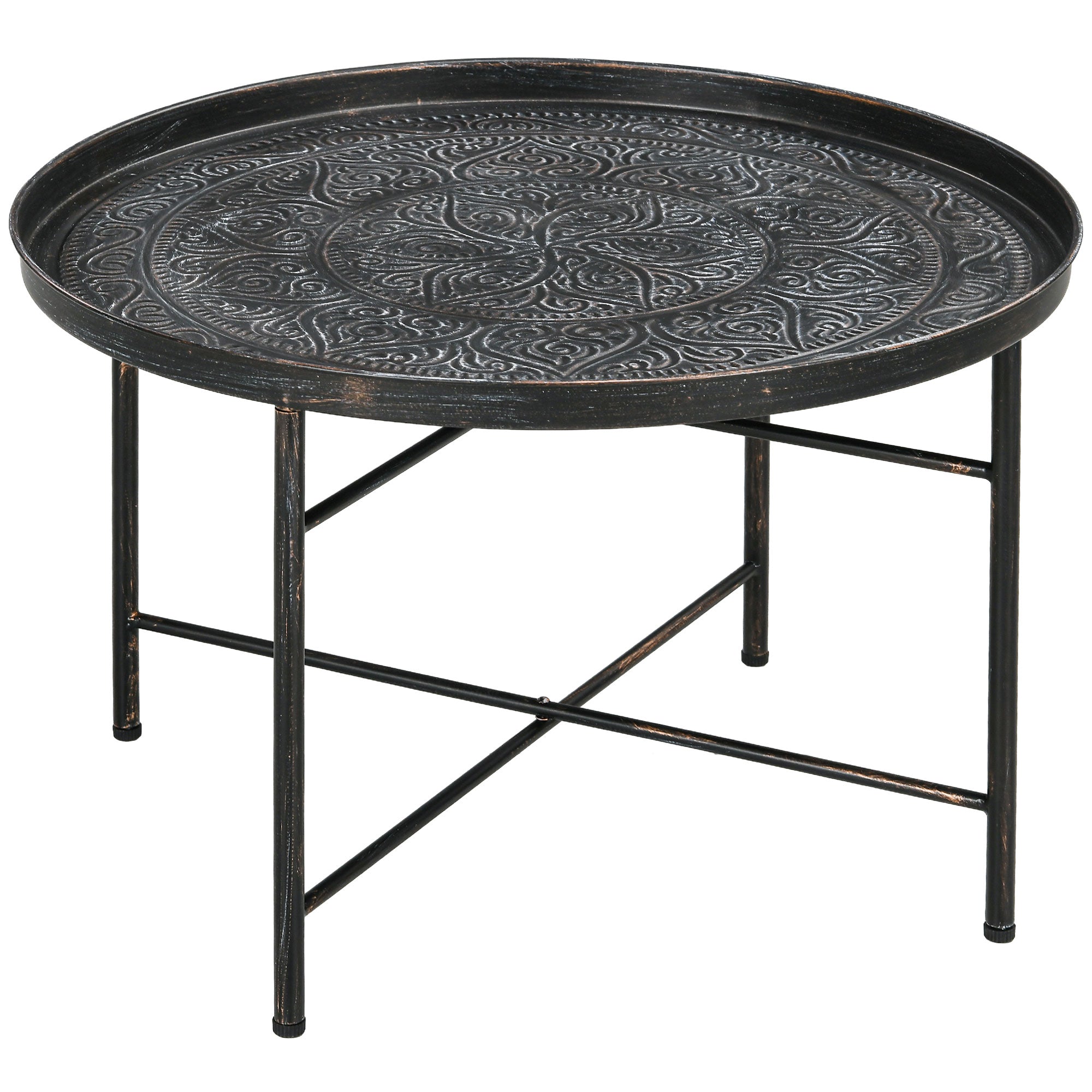 Coffee Table for Living Room, 24" Round Center Table with Hammered Tray Top and Metal Frame for Bedroom, Pewter