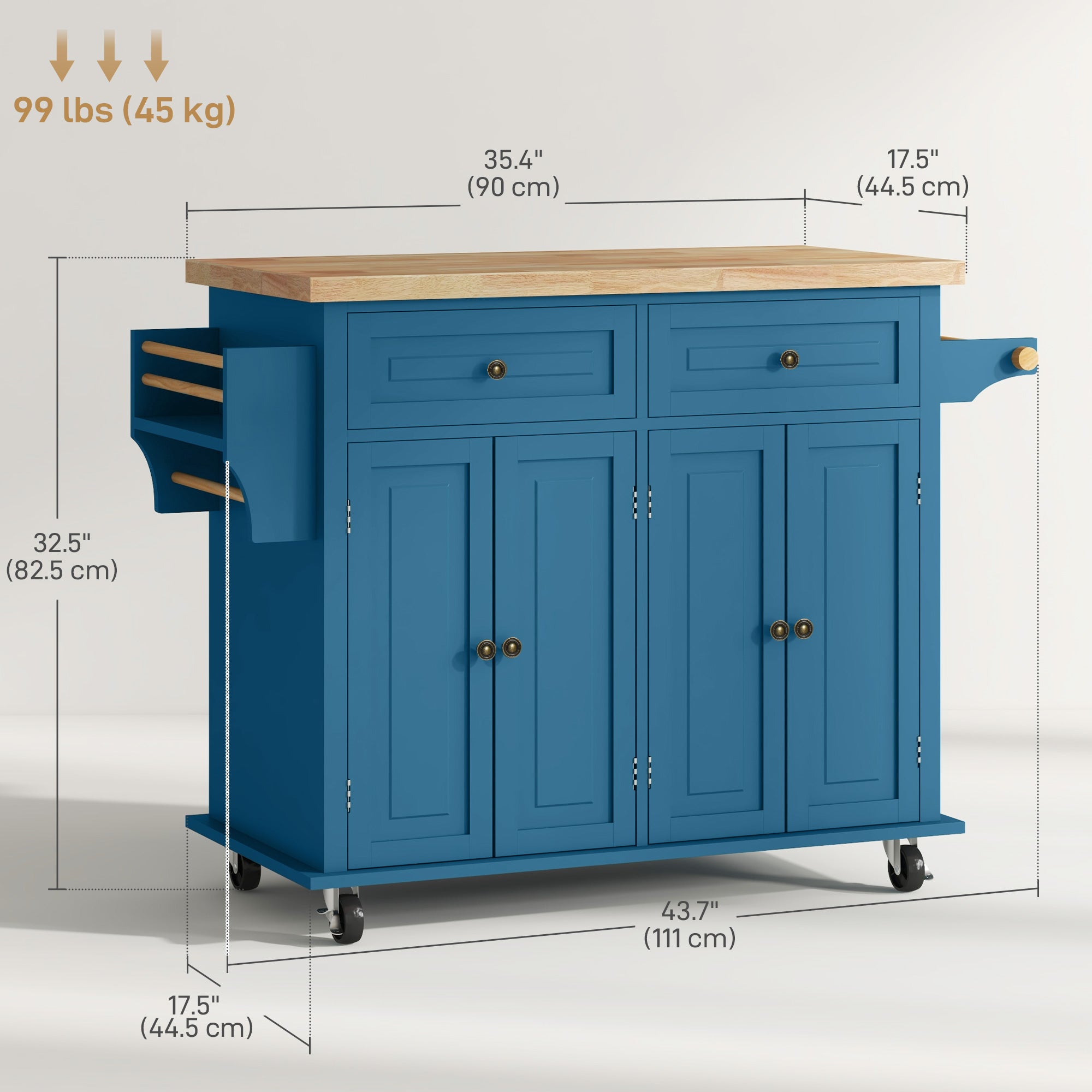 Kitchen Island Cart with Rubber Wood Top, Rolling Kitchen Island Table on Wheels with Drawers, Adjustable Shelves, Spice Rack and Towel Rack for Dining Room, Blue