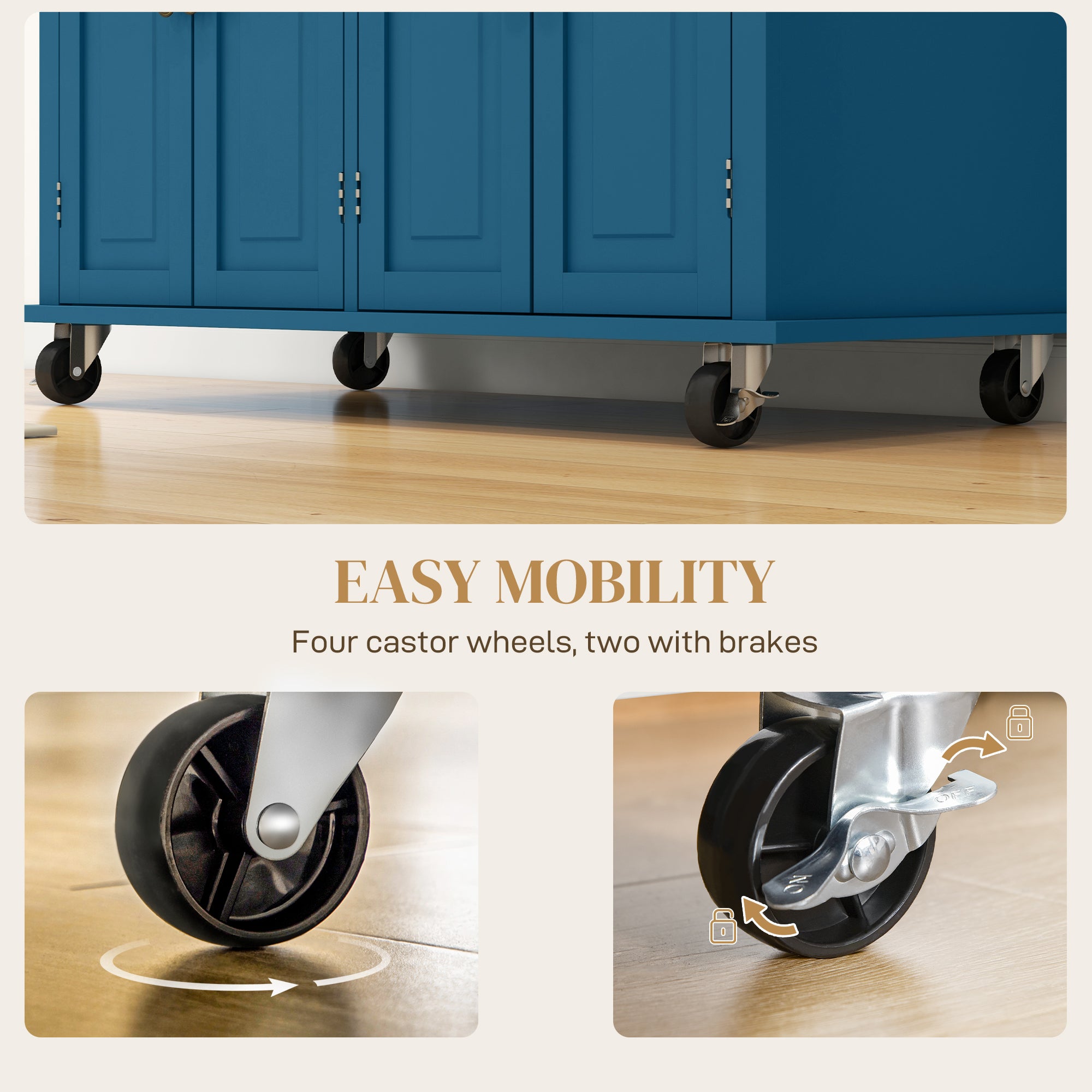 Kitchen Island Cart with Rubber Wood Top, Rolling Kitchen Island Table on Wheels with Drawers, Adjustable Shelves, Spice Rack and Towel Rack for Dining Room, Blue