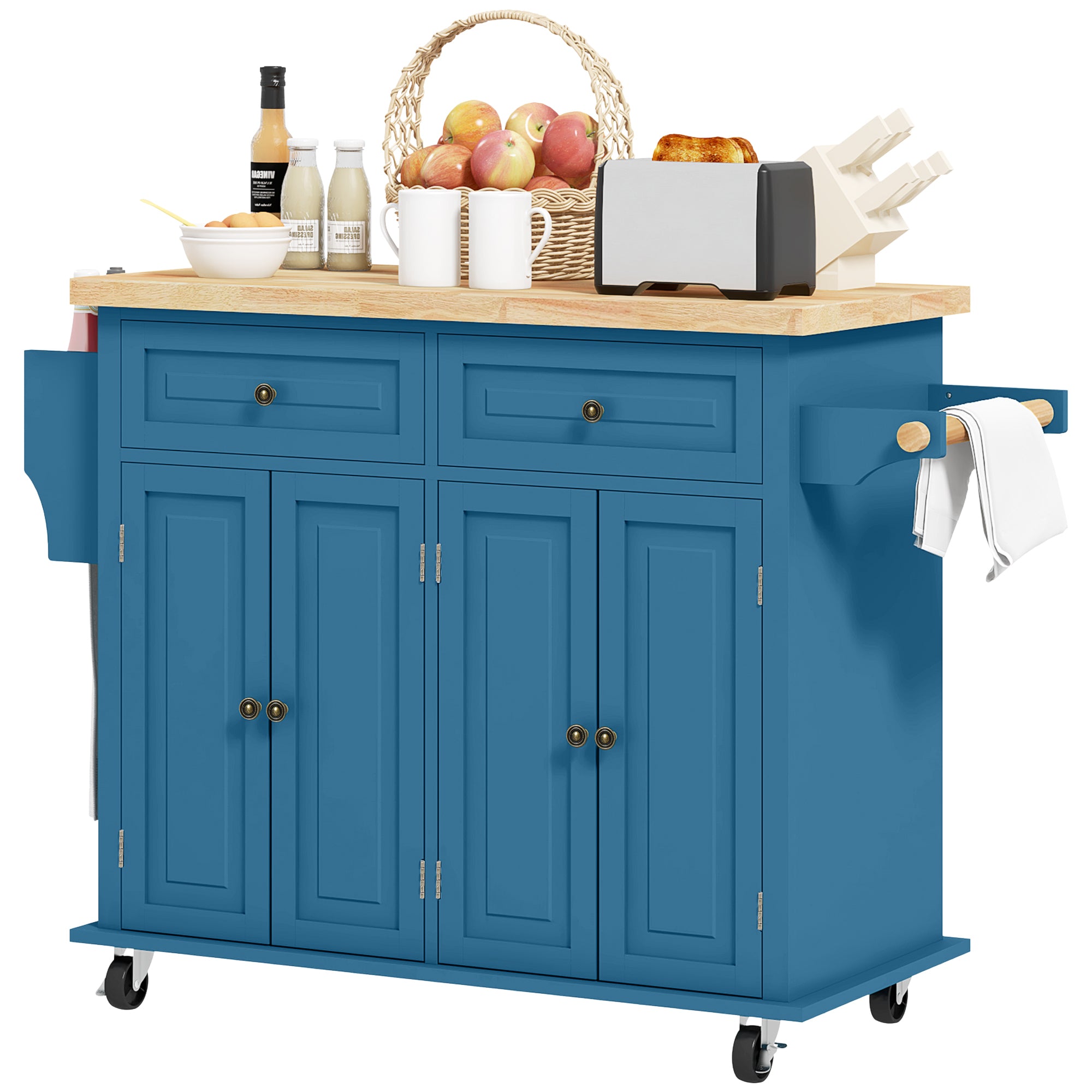 Kitchen Island on Wheels Rolling Cart with Rubberwood Top Spice Rack Towel Rack and Drawers Turquoise