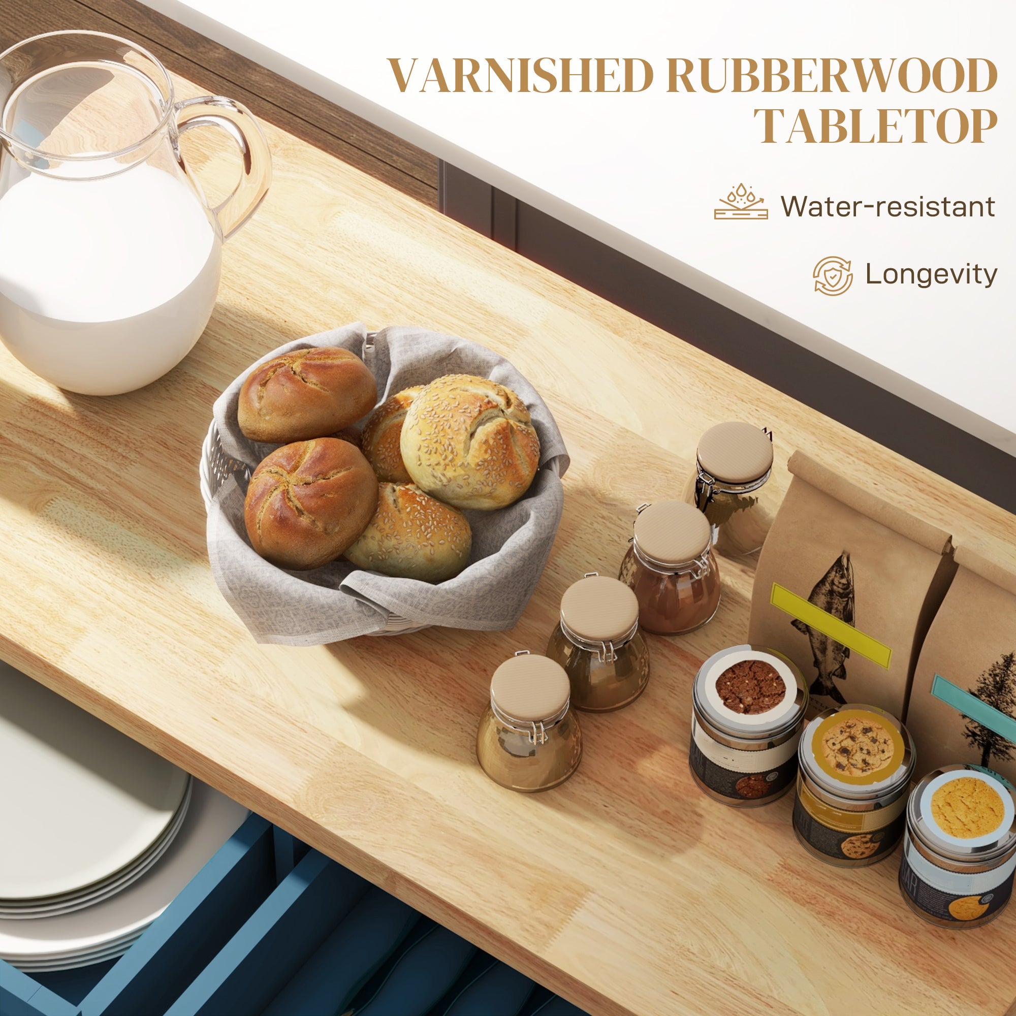 Kitchen Island Cart with Rubber Wood Top, Rolling Kitchen Island Table on Wheels with Drawers, Adjustable Shelves, Spice Rack and Towel Rack for Dining Room, Blue