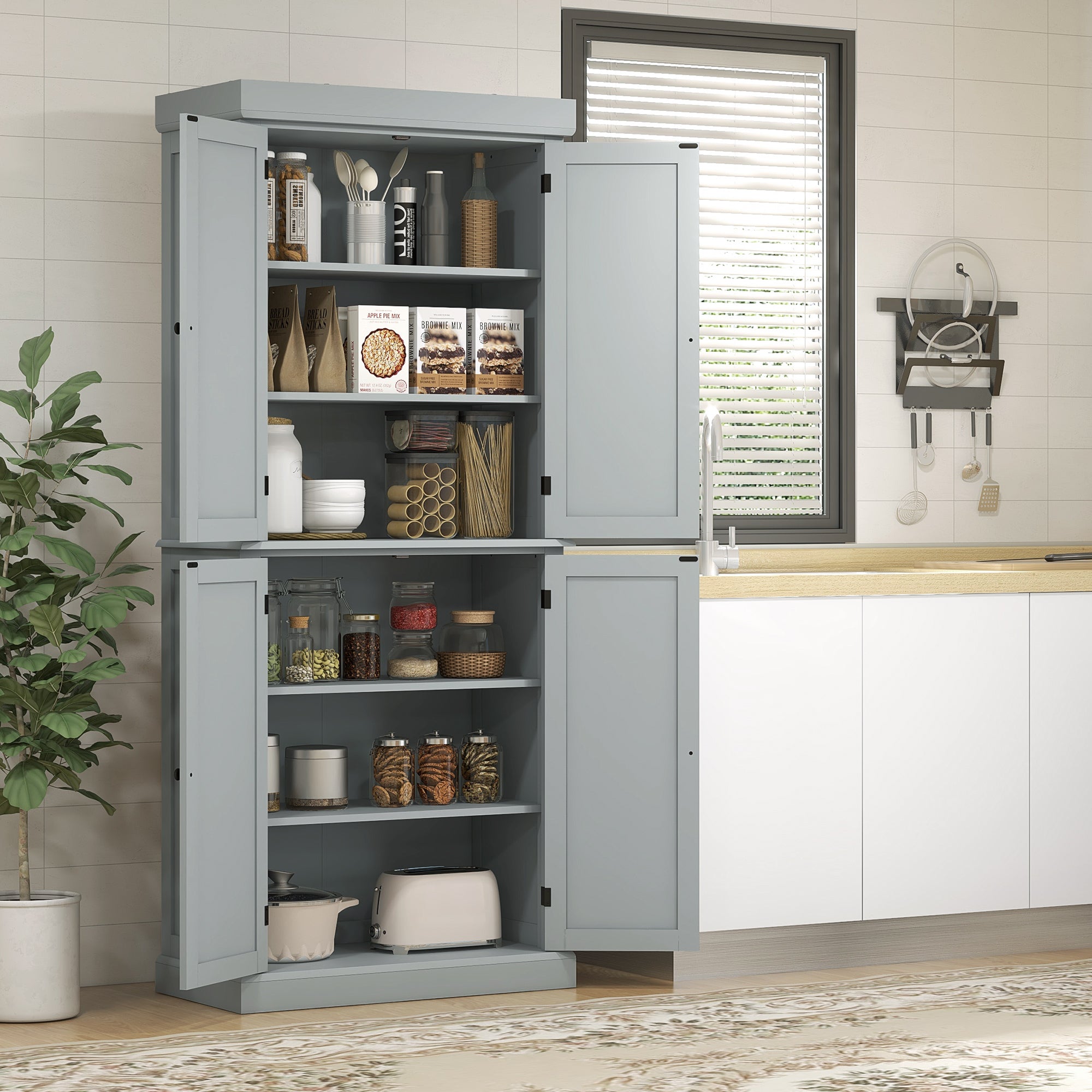 HOMCOM 72.5" Kitchen Pantry Cabinet, Freestanding Kitchen Pantry Storage Cabinet with 4 Doors, Grey