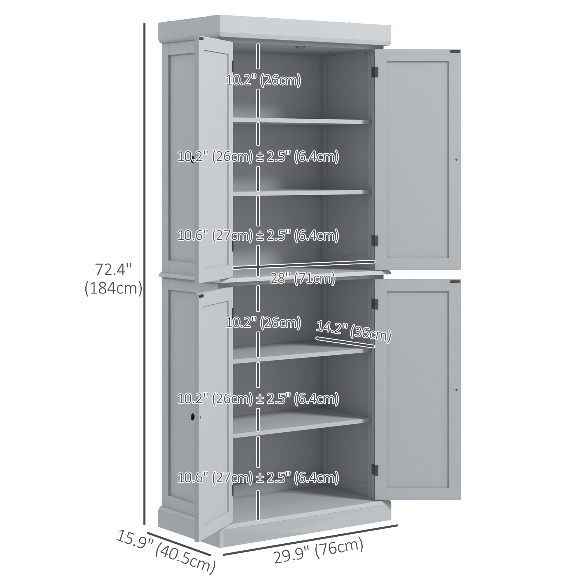 HOMCOM 72.5" Kitchen Pantry Cabinet, Freestanding Kitchen Pantry Storage Cabinet with 4 Doors, Grey