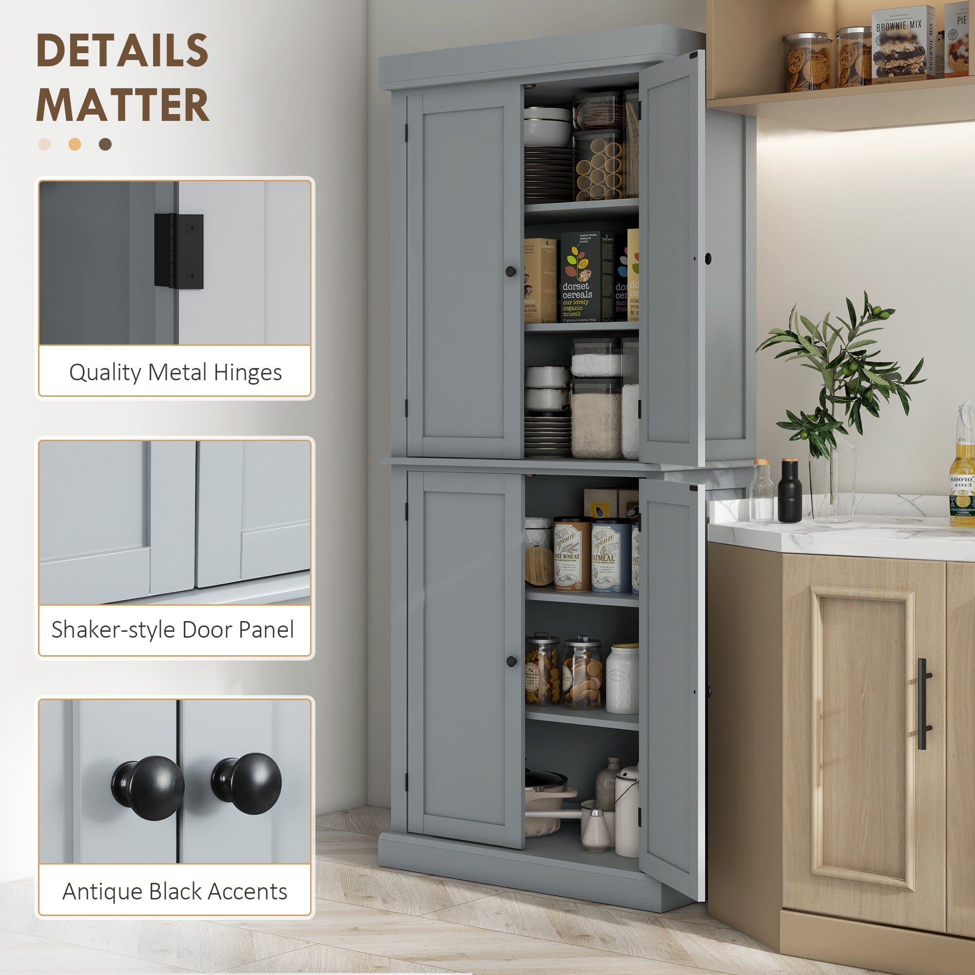 HOMCOM 72.5" Kitchen Pantry Cabinet, Freestanding Kitchen Pantry Storage Cabinet with 4 Doors, Grey