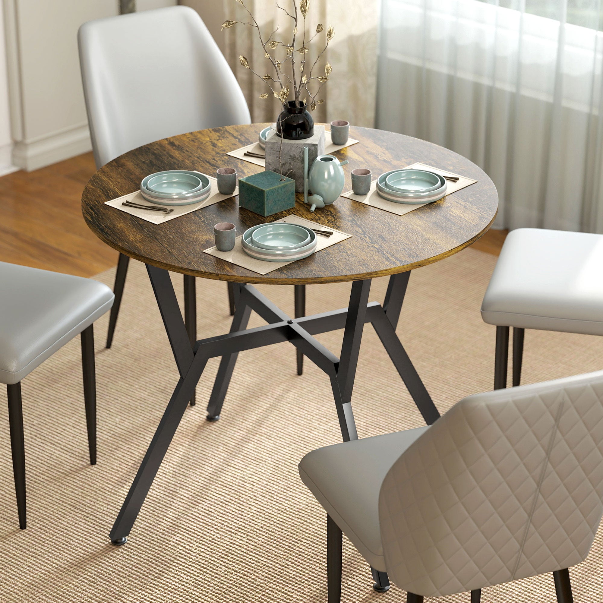 35" Round Dining Table for 2, Modern Kitchen Table with Steel Frame for Living Room, Dining Room, Rustic Brown