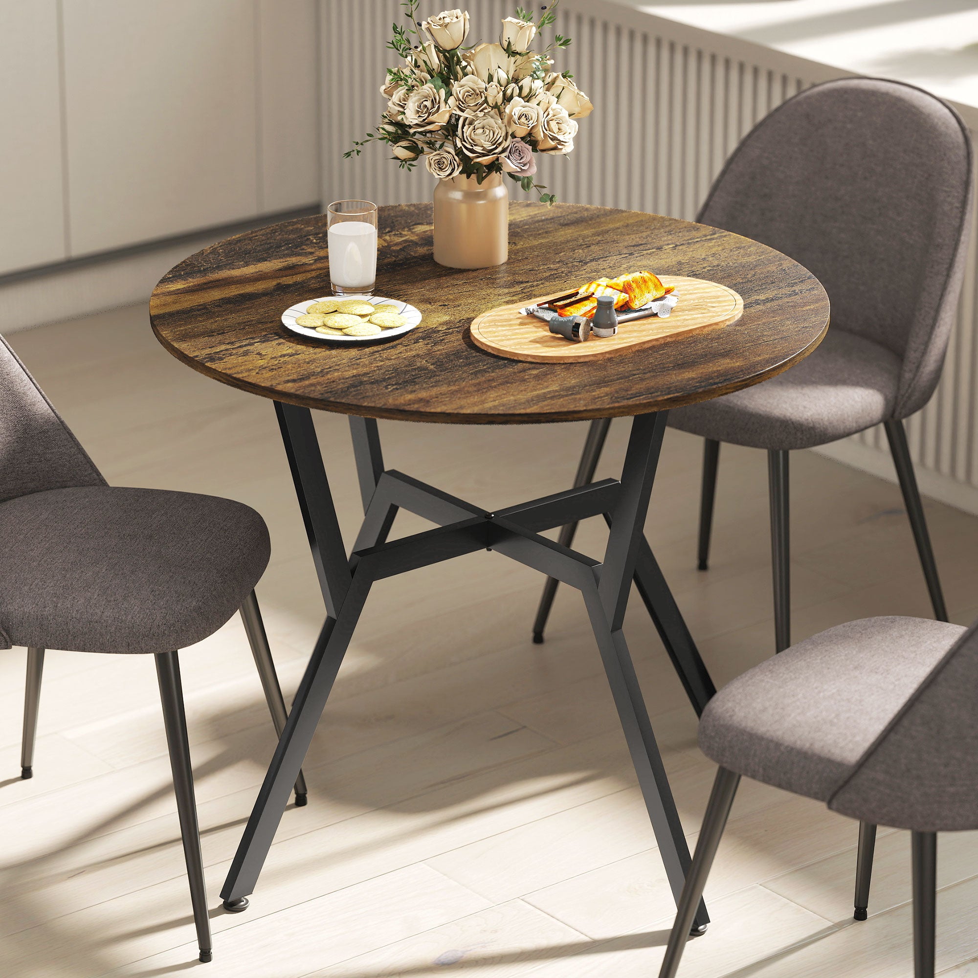 35" Round Dining Table for 2, Modern Kitchen Table with Steel Frame for Living Room, Dining Room, Rustic Brown