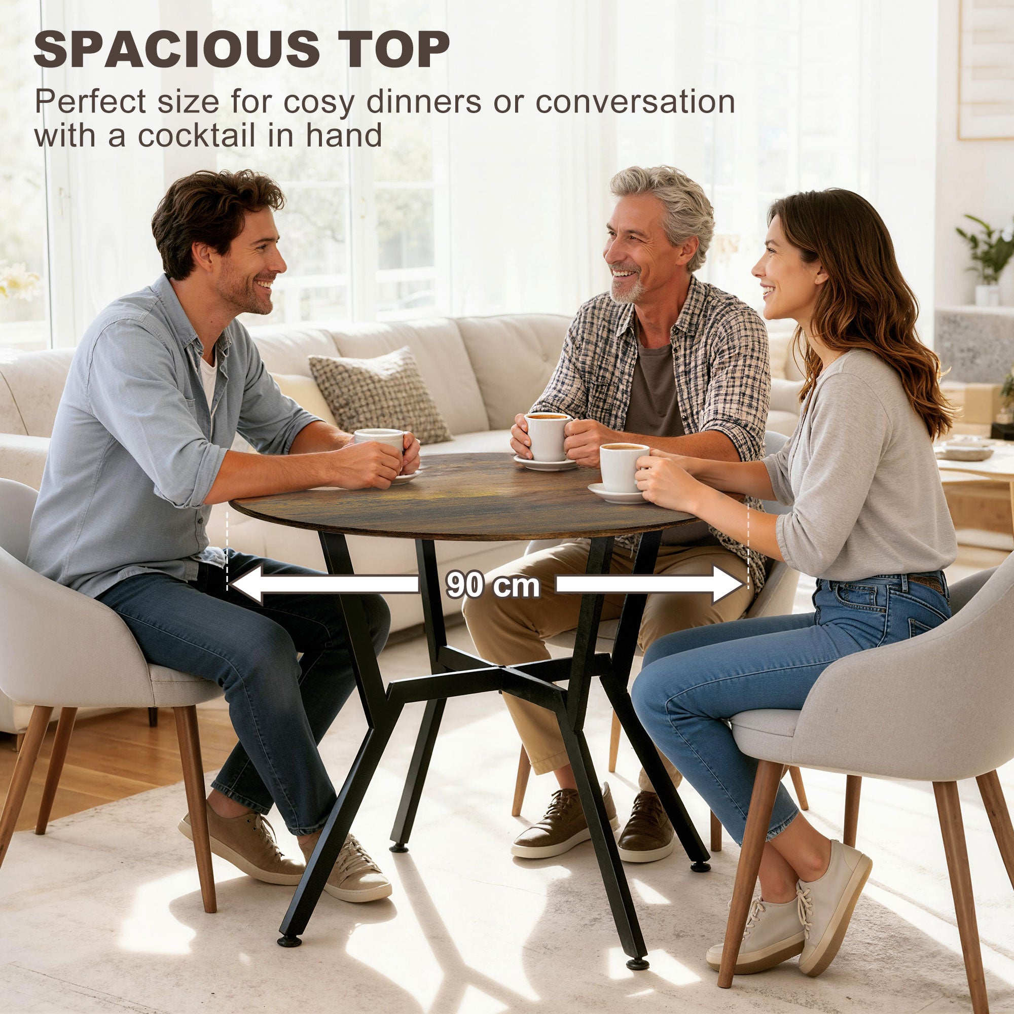 35" Round Dining Table for 2, Modern Kitchen Table with Steel Frame for Living Room, Dining Room, Rustic Brown