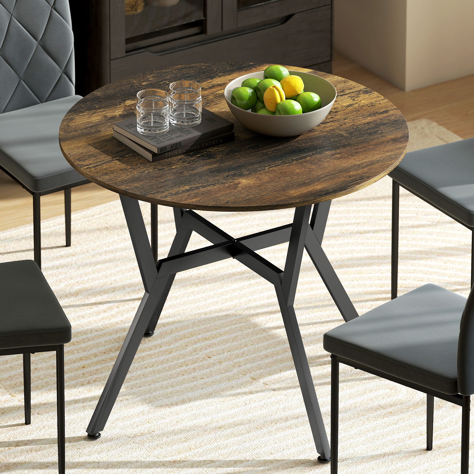 35" Round Dining Table for 2, Modern Kitchen Table with Steel Frame for Living Room, Dining Room, Rustic Brown