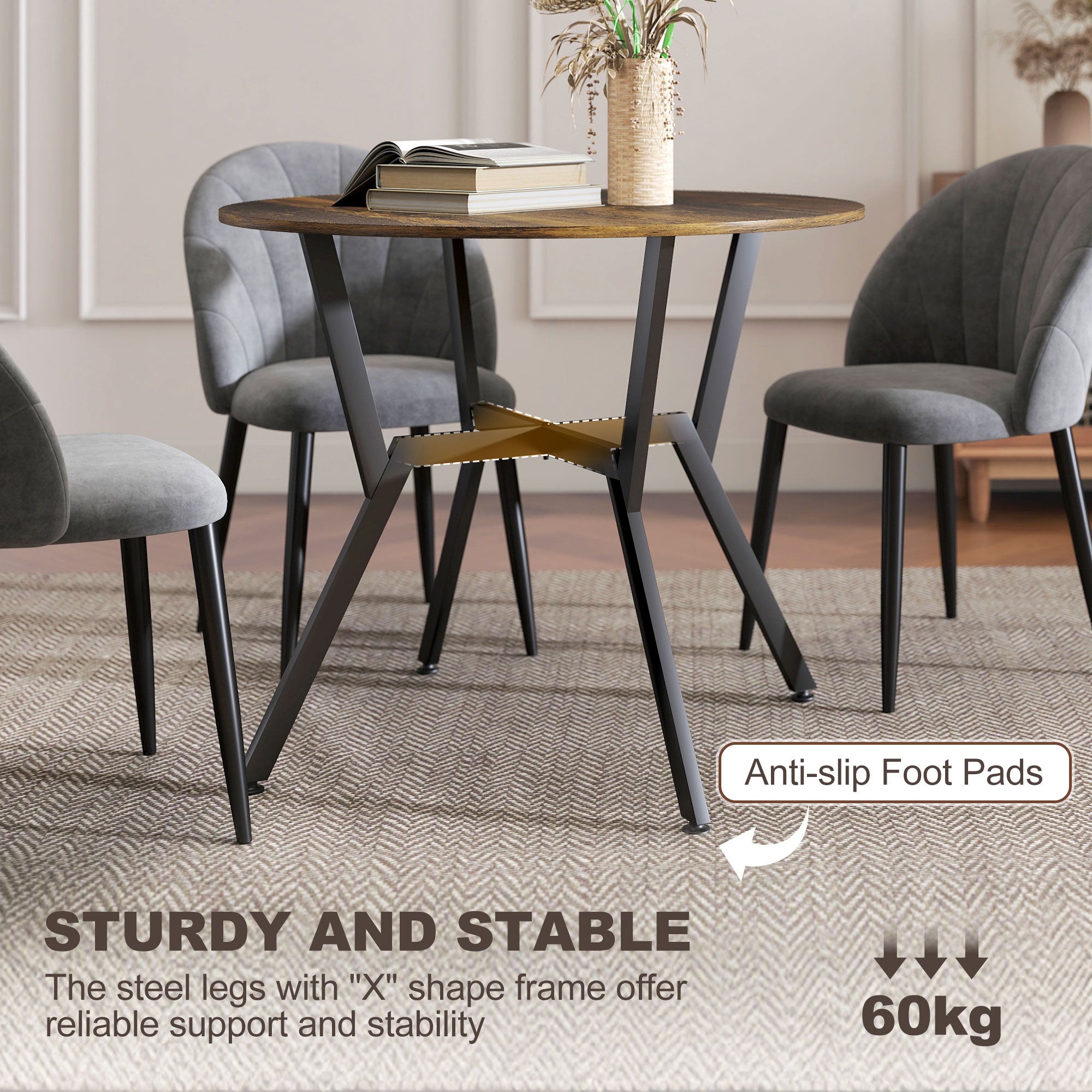 35" Round Dining Table for 2, Modern Kitchen Table with Steel Frame for Living Room, Dining Room, Rustic Brown