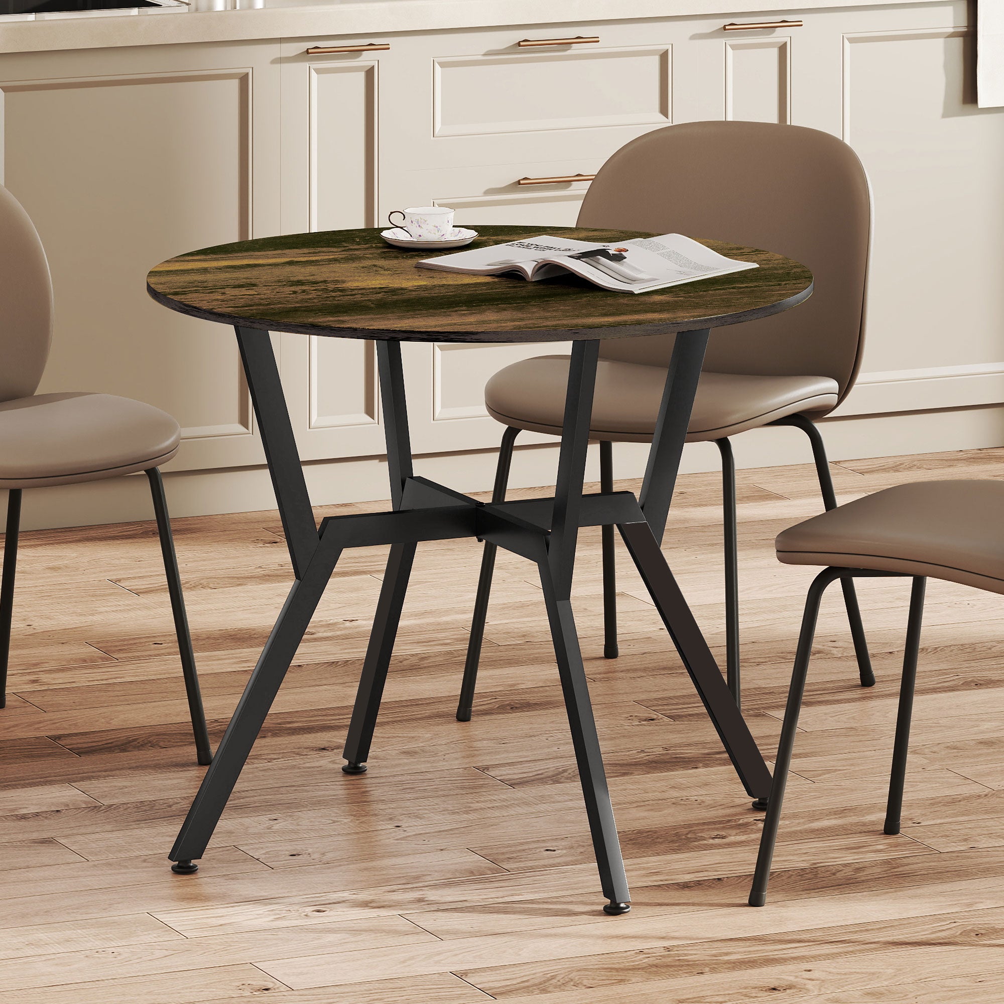 35" Round Dining Table for 2, Modern Kitchen Table with Steel Frame for Living Room, Dining Room, Rustic Brown