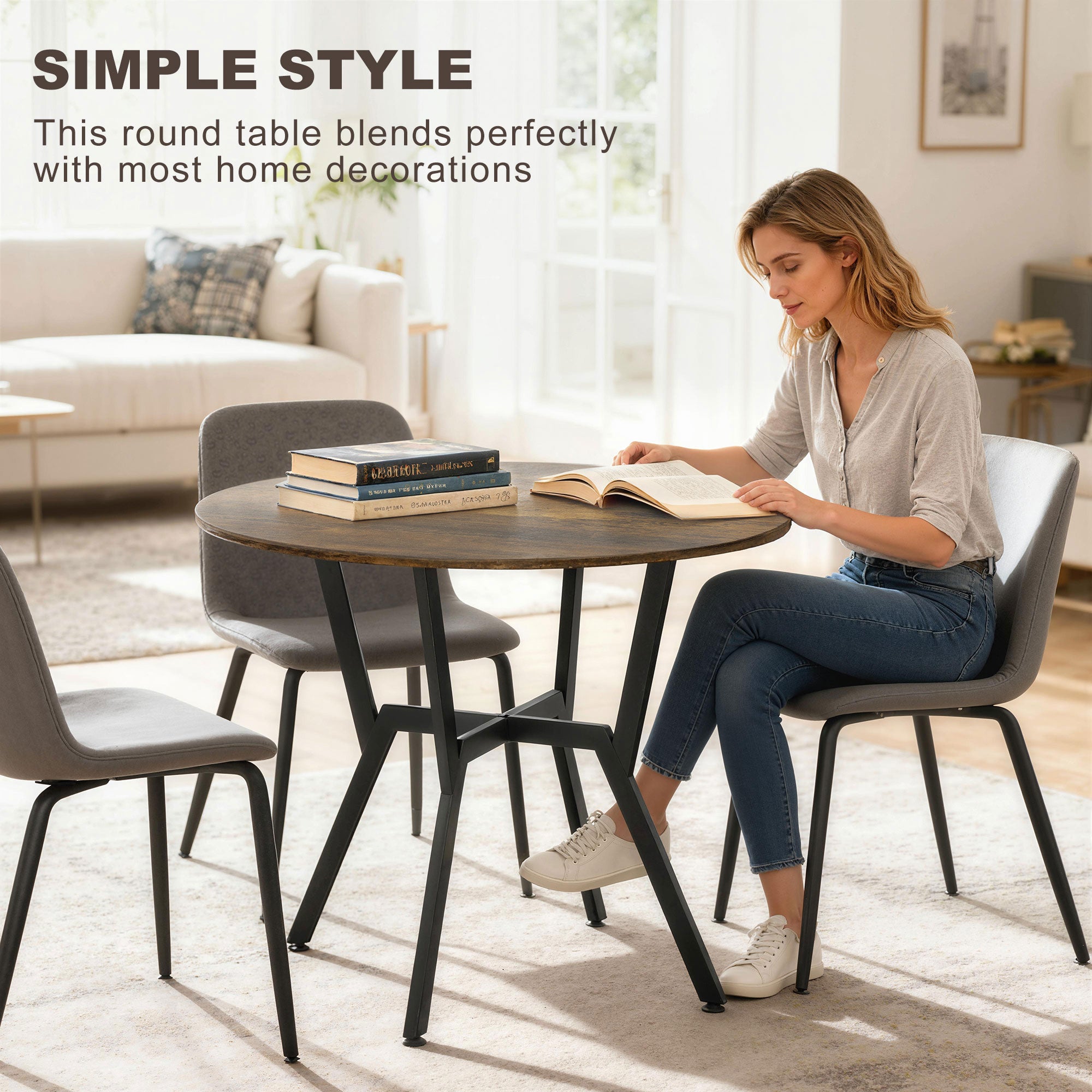 35" Round Dining Table for 2, Modern Kitchen Table with Steel Frame for Living Room, Dining Room, Rustic Brown