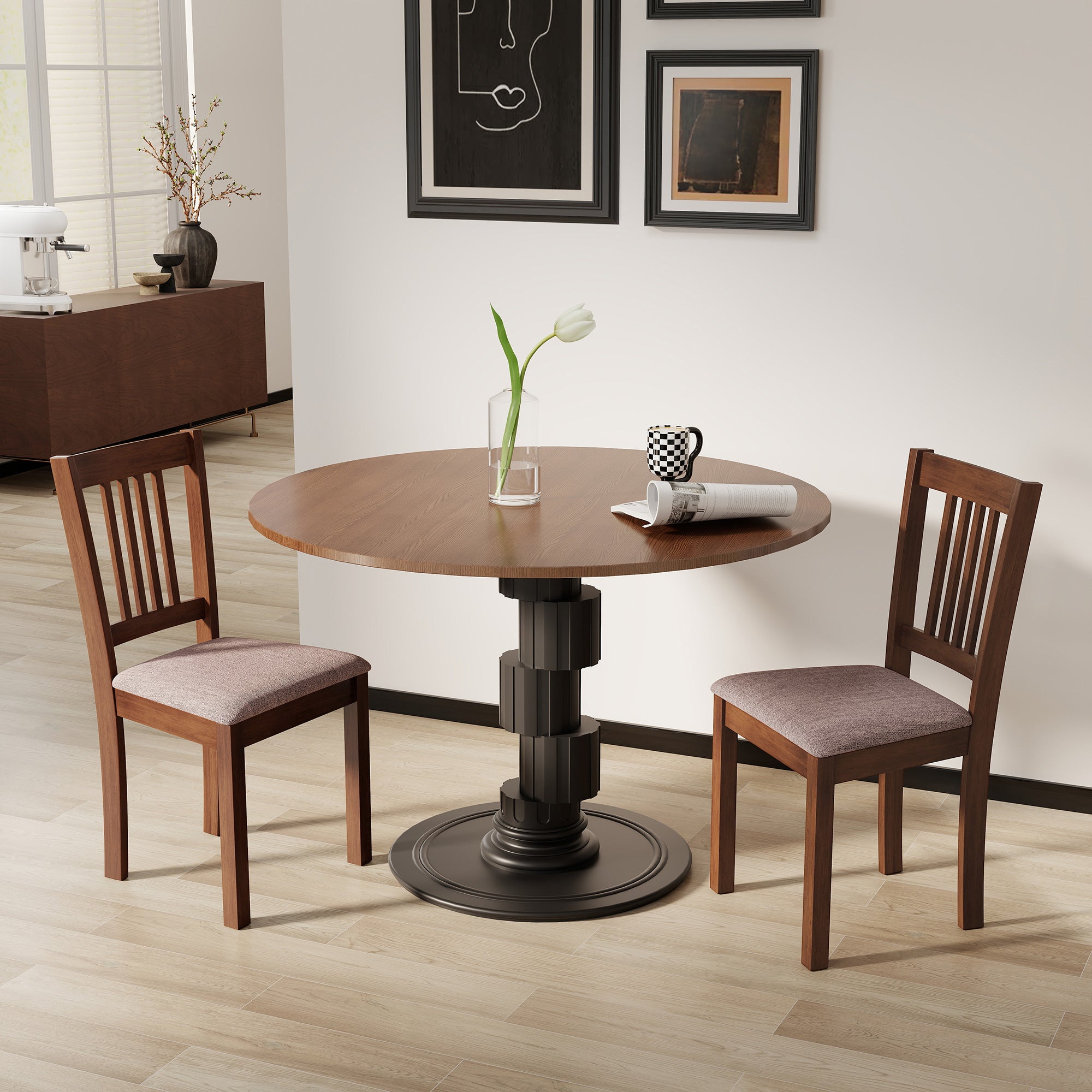 Modern Dining Chairs Set of 2, Linen Fabric Upholstered Kitchen Chairs with Rubberwood Legs for Dining Room, Living Room, Brown and Light Brown