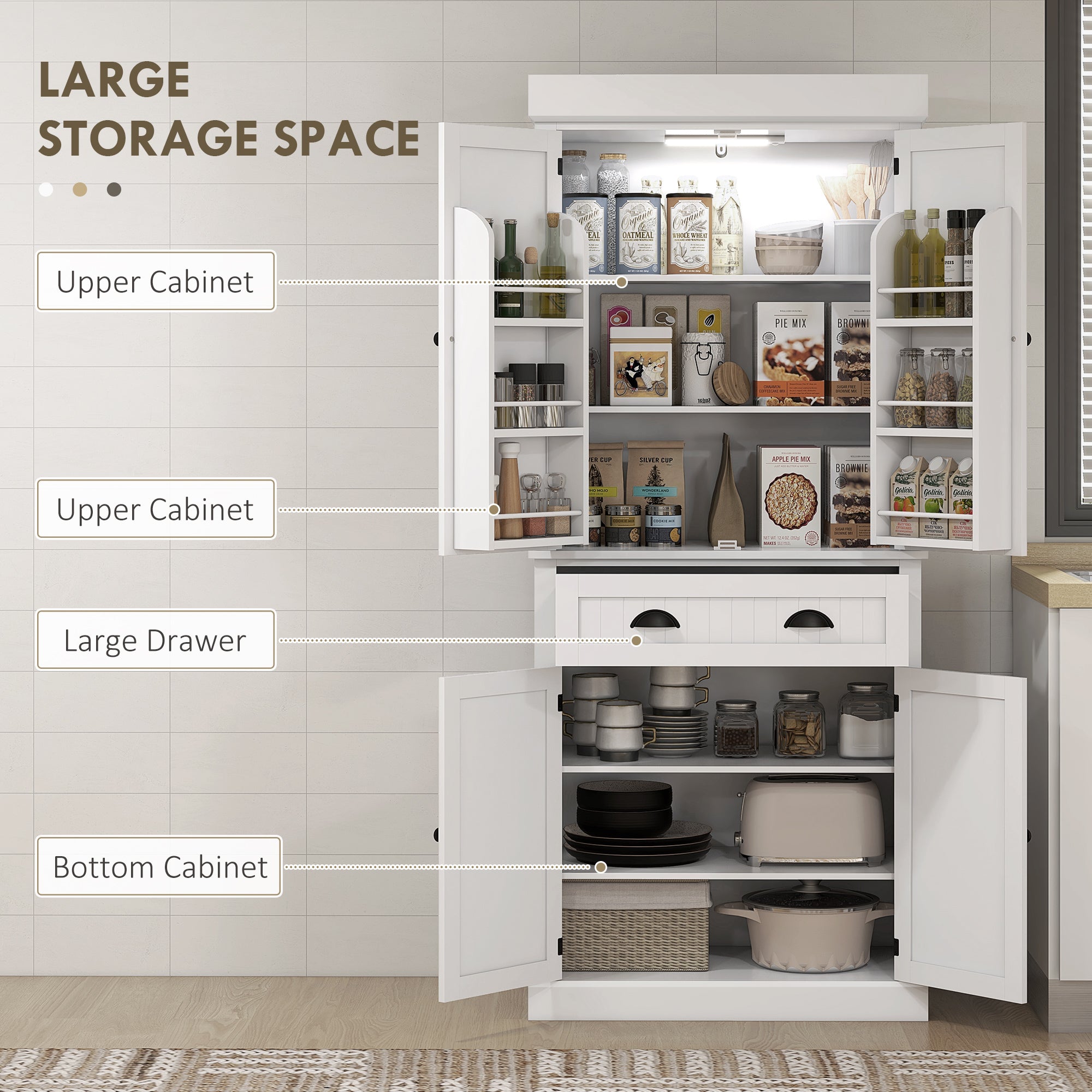 71" Pantry Cabinet with LED Motion Sensor Light, Freestanding Kitchen Pantry with 6 Spice Racks, Drawer and Adjustable Shelves, Tall Buffet Cabinet with Hutch, White