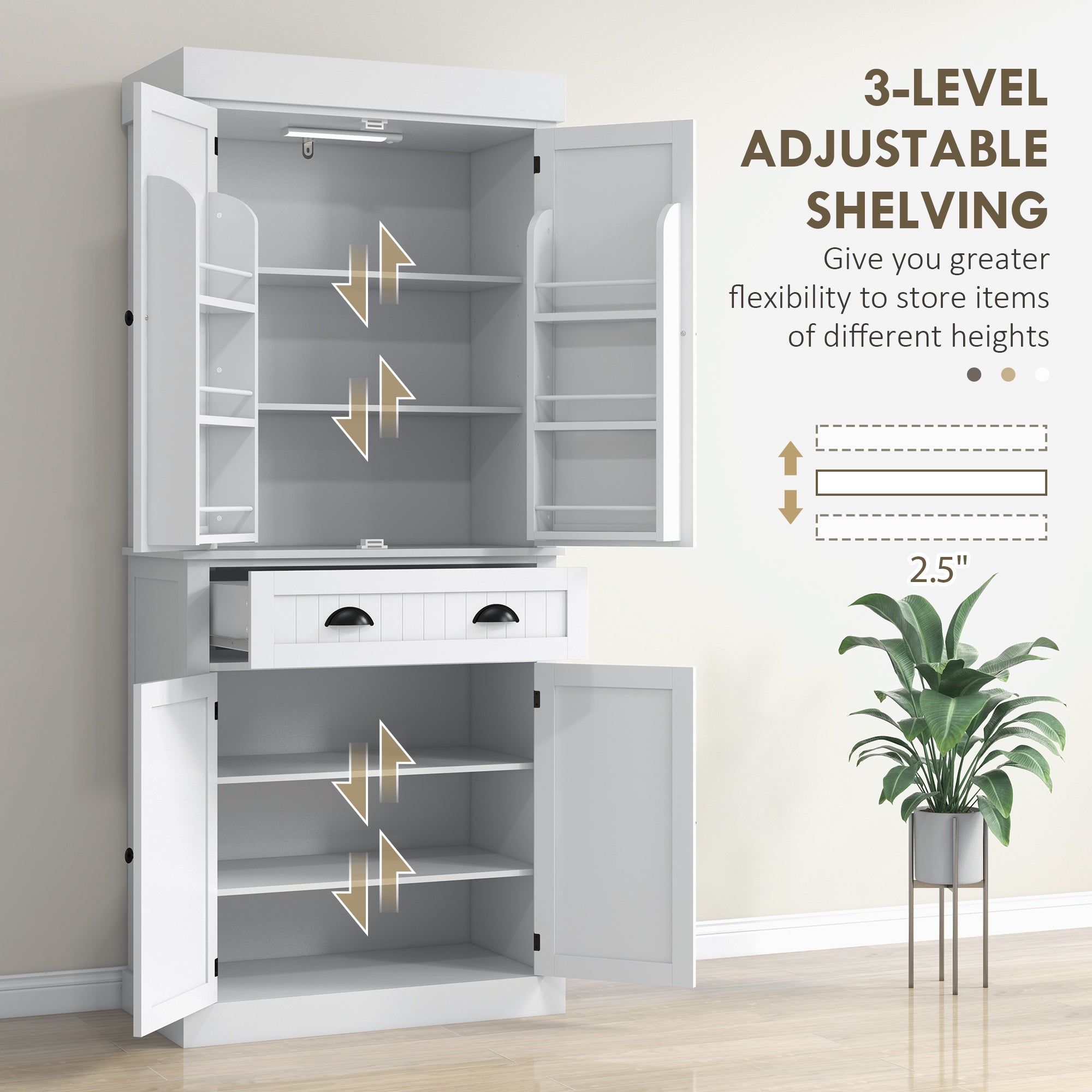 71" Pantry Cabinet with LED Motion Sensor Light, Freestanding Kitchen Pantry with 6 Spice Racks, Drawer and Adjustable Shelves, Tall Buffet Cabinet with Hutch, White