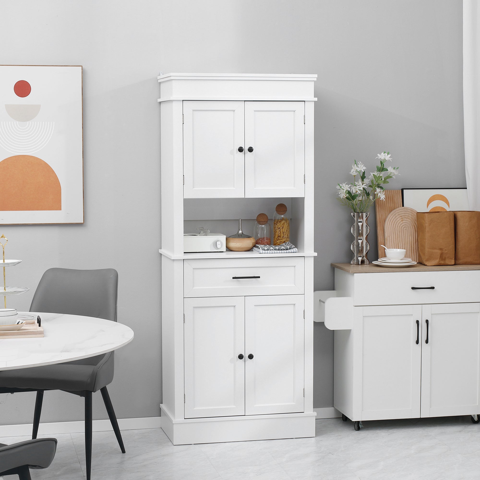 Kitchen Hutch Cabinet with Countertop Pantry Storage with Wide Drawer Buffet Hutch White