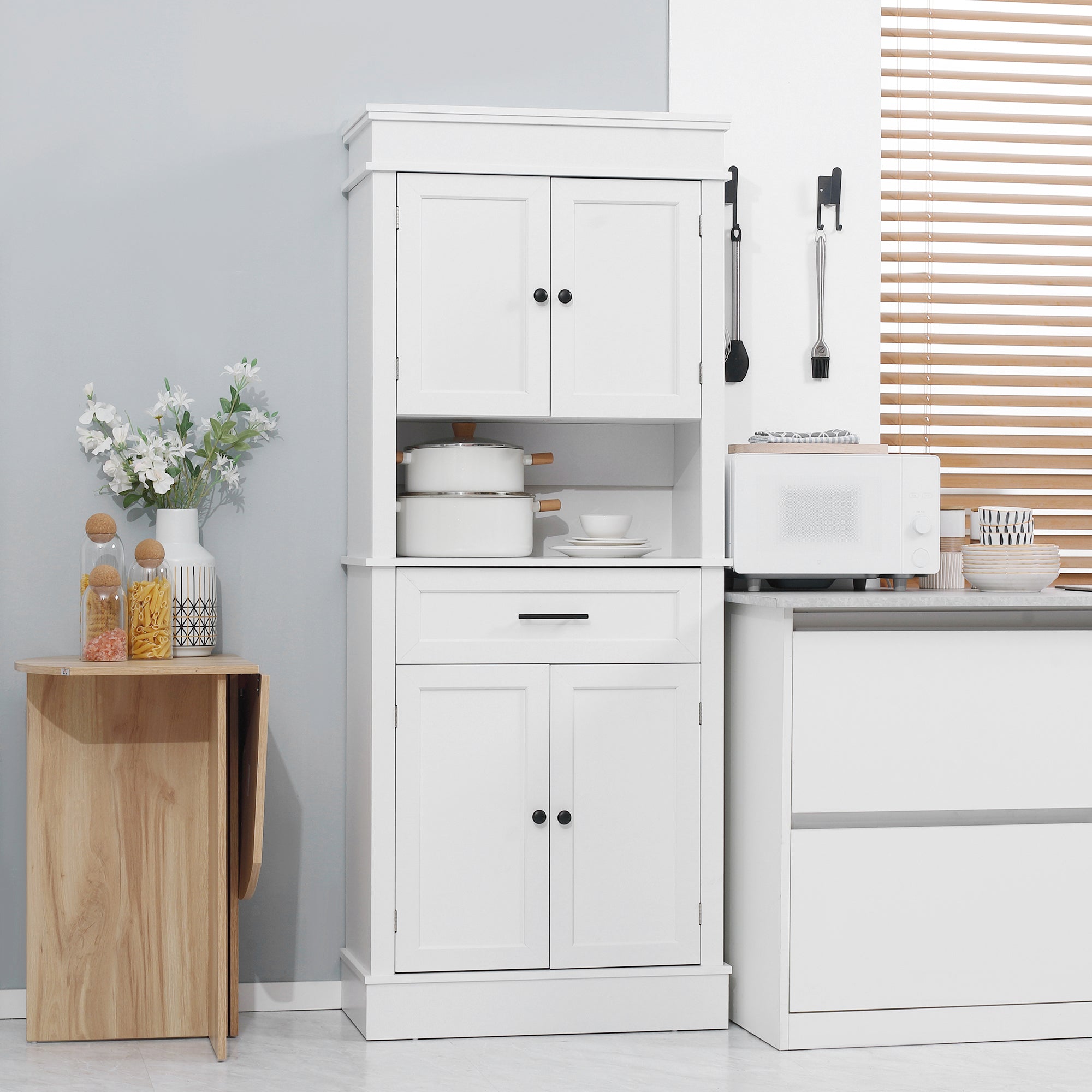 Kitchen Hutch Cabinet with Countertop Pantry Storage with Wide Drawer Buffet Hutch White