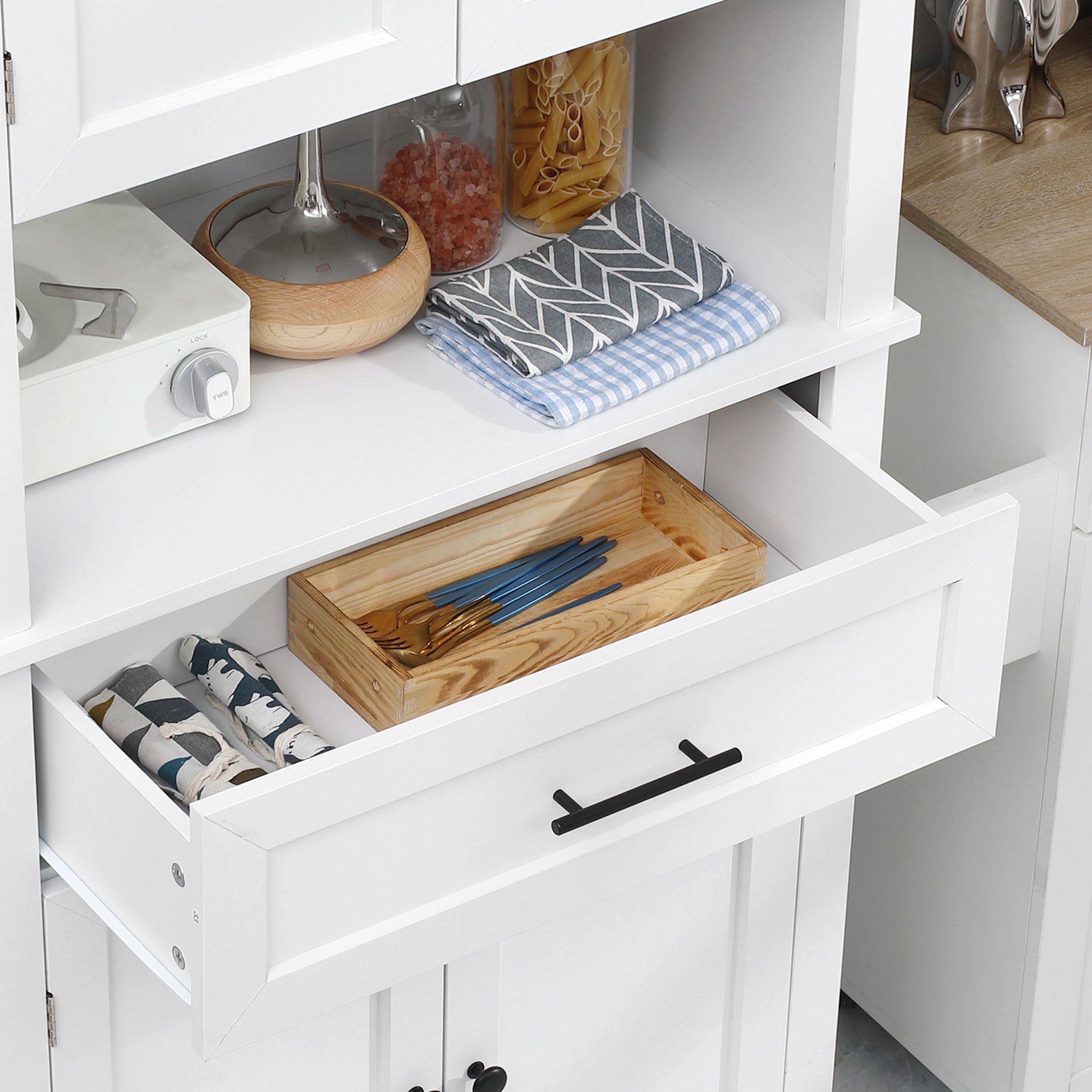 Kitchen Hutch Cabinet with Countertop Pantry Storage with Wide Drawer Buffet Hutch White