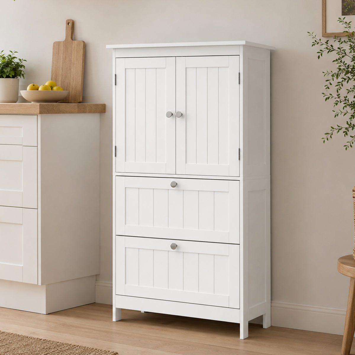 Bathroom Storage Cabinet, Freestanding Bathroom Cabinet with 2 Drawers, Adjustable Shelf, Beadboard Doors for Living Room, Entryway, Kitchen, White