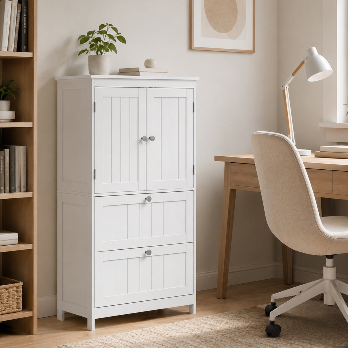 Bathroom Storage Cabinet, Freestanding Bathroom Cabinet with 2 Drawers, Adjustable Shelf, Beadboard Doors for Living Room, Entryway, Kitchen, White