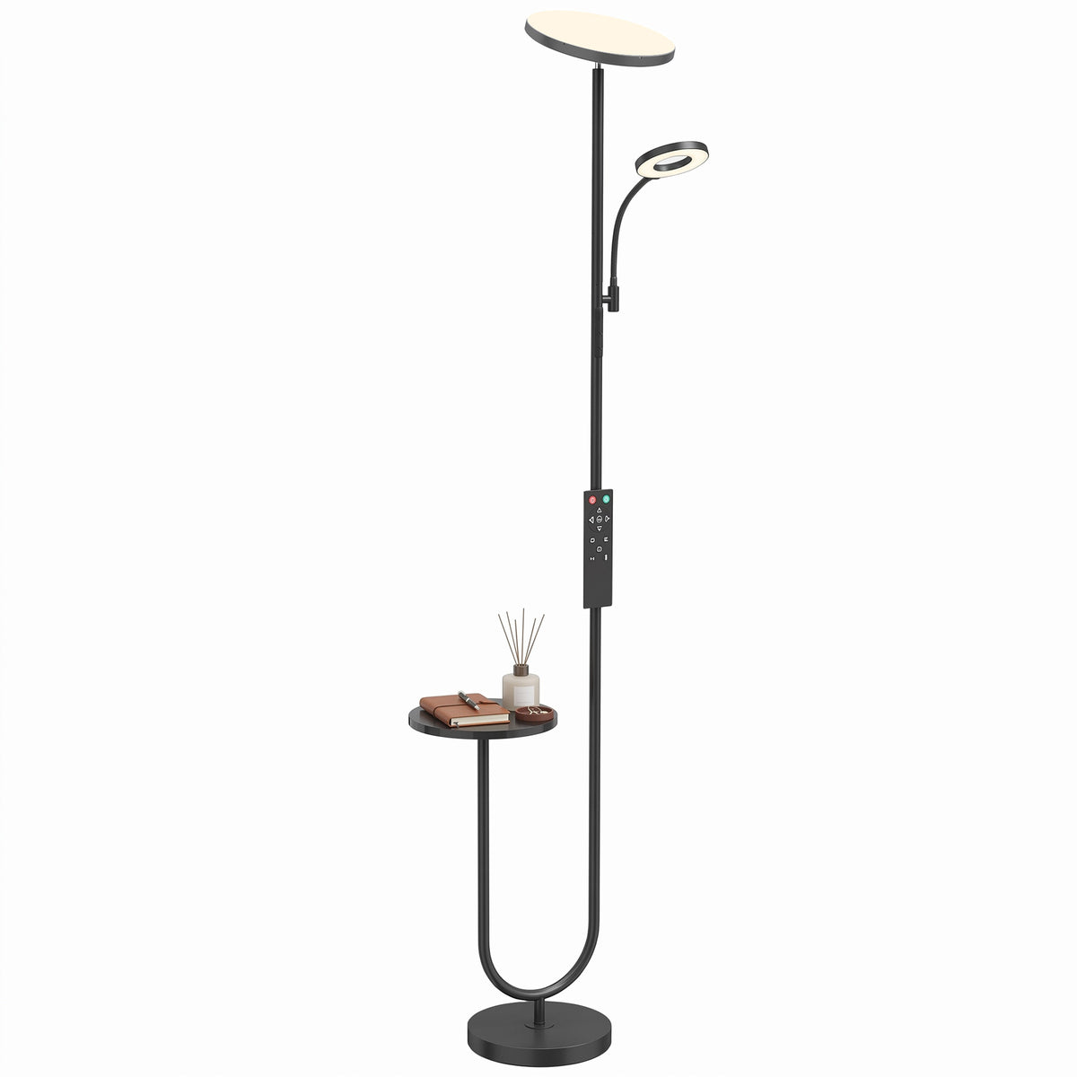 LED Uplighter Floor Lamp with Table, Dual Light Dimmable Standing Lamp with Magnetic Remote, 4 Colour Temperatures,  Adjustable Reading Light for Bedroom Living Room, Black