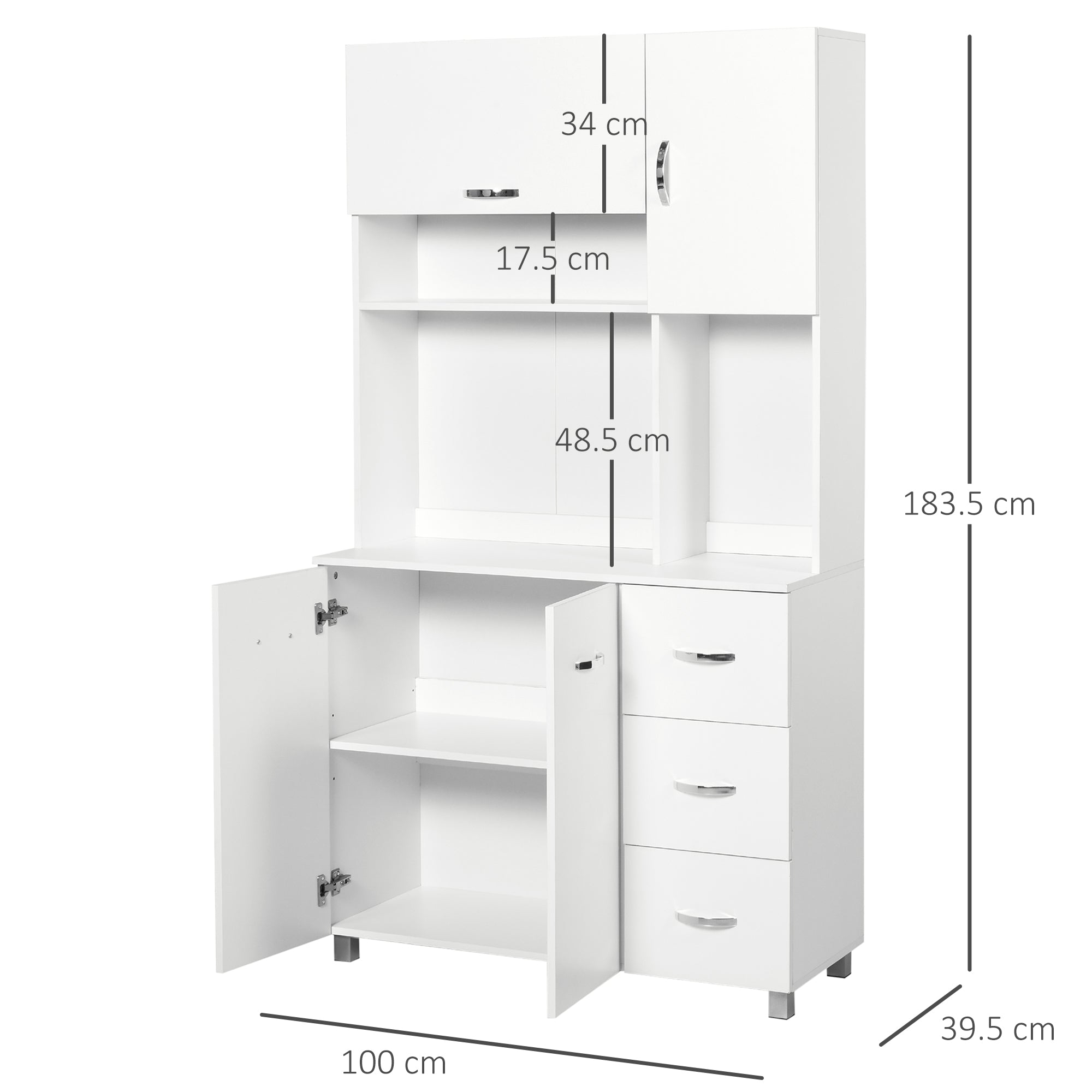 Kitchen Cupboard, 183cm Tall Storage Cabinet with Countertop, Sideboard with 3 Small Drawers, Flip Up Top Door, 3 Cabinet Doors and Open Shelves, 100W x 39.5D x 183.5H cm, White
