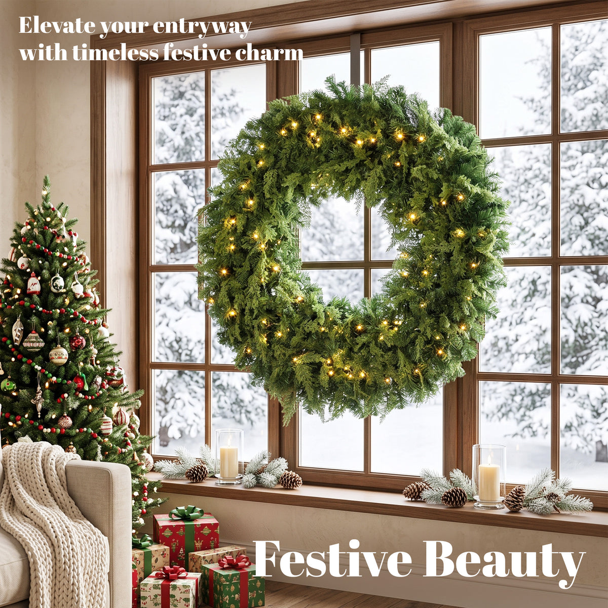 48 in Pre-Lit Cedar Artificial Christmas Wreath, Christmas Decoration with 150 Warm White LED Lights, 550 Tips, 8 Modes for Door, Mantel, Window, Indoor, Covered Outdoor, Green
