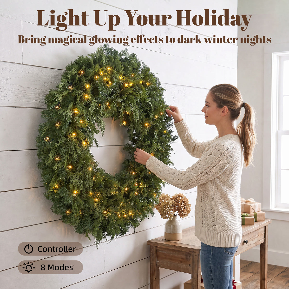 48 in Pre-Lit Cedar Artificial Christmas Wreath, Christmas Decoration with 150 Warm White LED Lights, 550 Tips, 8 Modes for Door, Mantel, Window, Indoor, Covered Outdoor, Green
