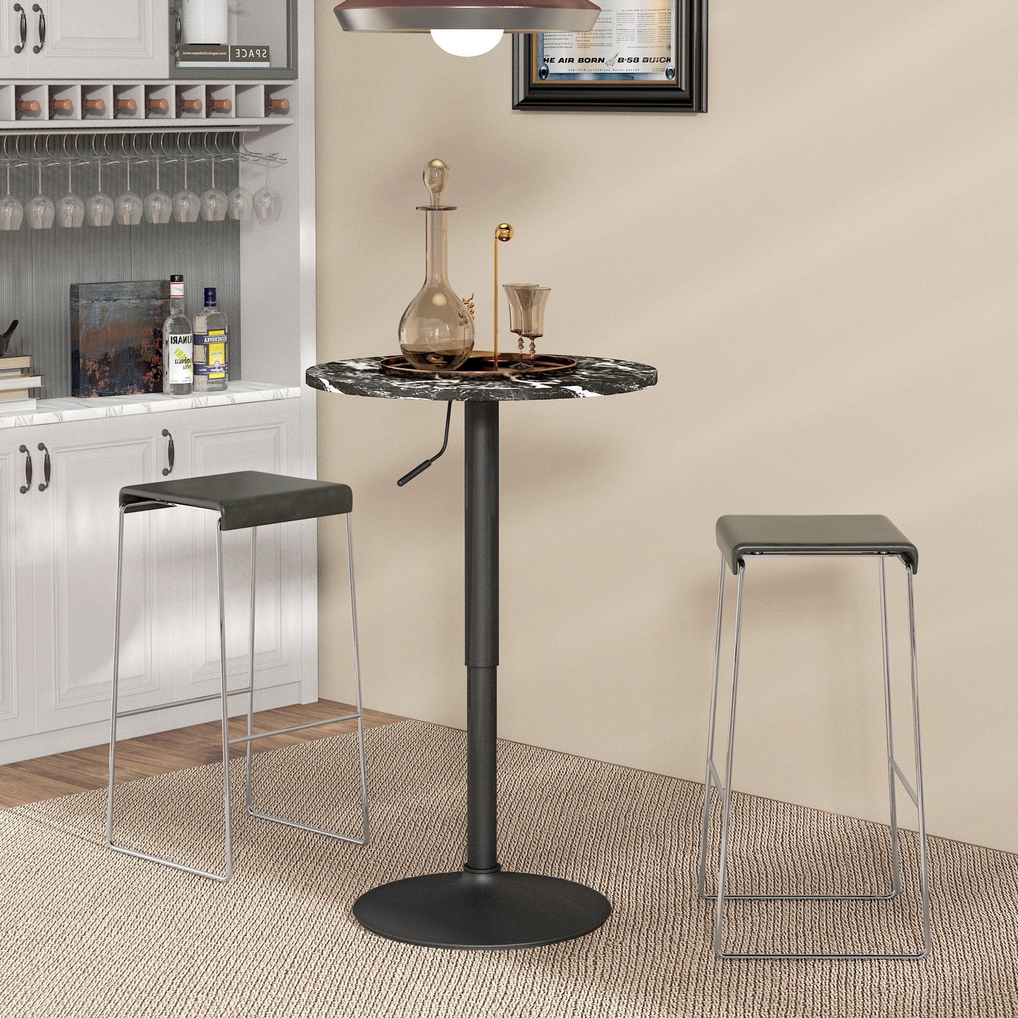 HOMCOM Round Bar Table for 2, Adjustable Pub Table with Steel Base, Modern Bistro Table for Home Bar, Small Dining Room, Black Marble