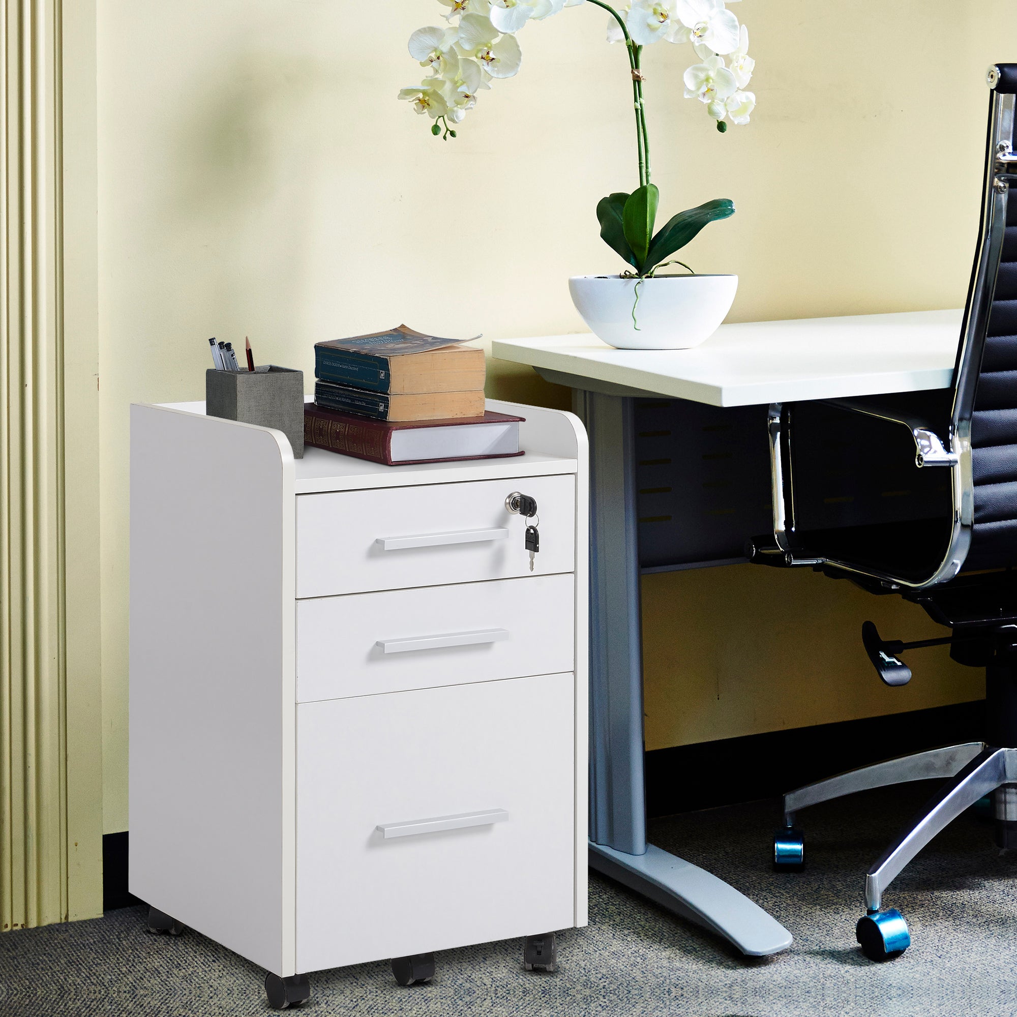 3 Drawer Vertical File Cabinet with Lock and Edged Top, Rolling Printer Stand with Hanging Rails for for A4/Letter/Legal Files, Filing Cabinet for Home Office, 15.4" x 15.7" x 25.7", White
