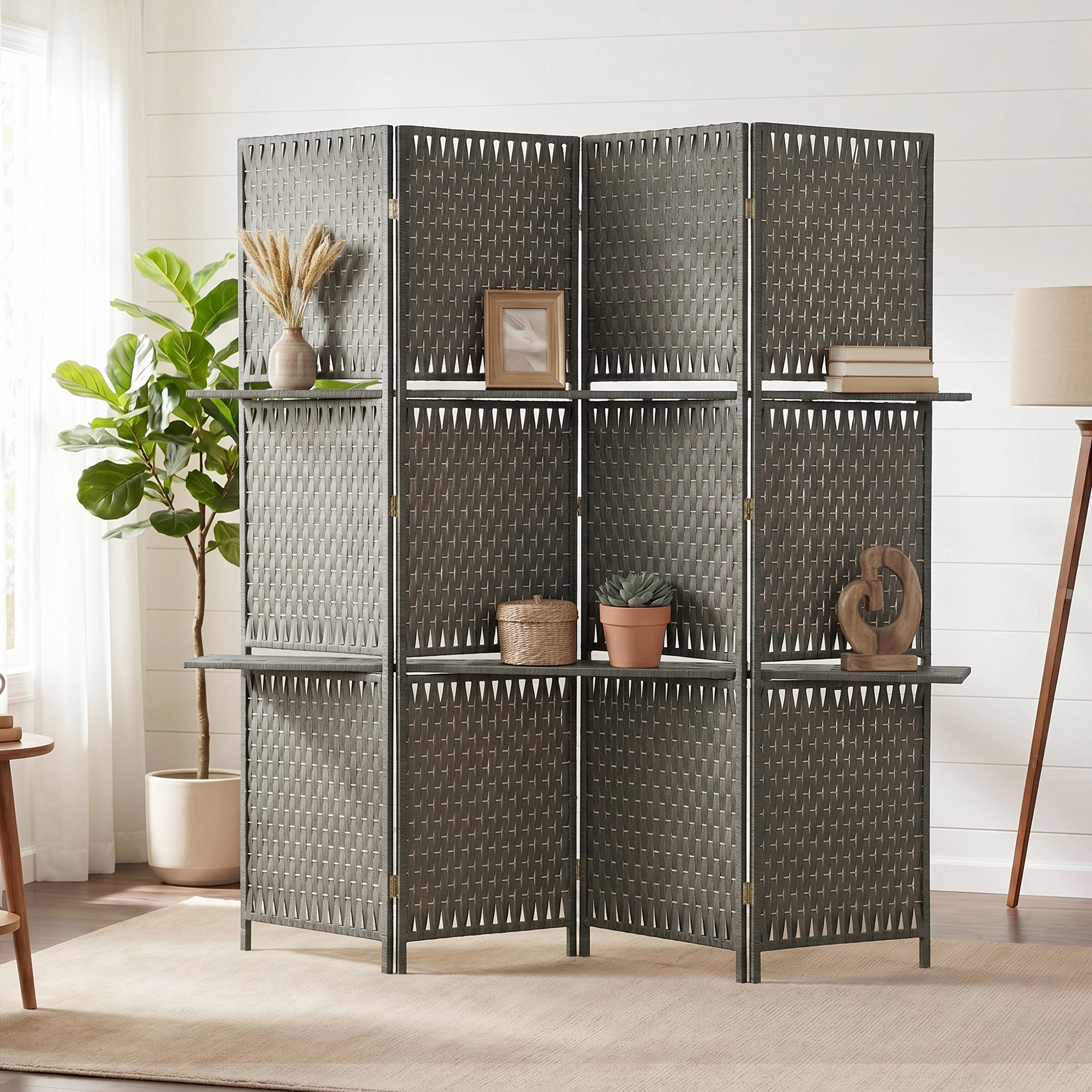4-Panel Room Divider with Shelves, Wave Fibre Freestanding Folding Privacy Screen Panels, Partition Wall Divider for Indoor Bedroom Office, 180 cm, Grey