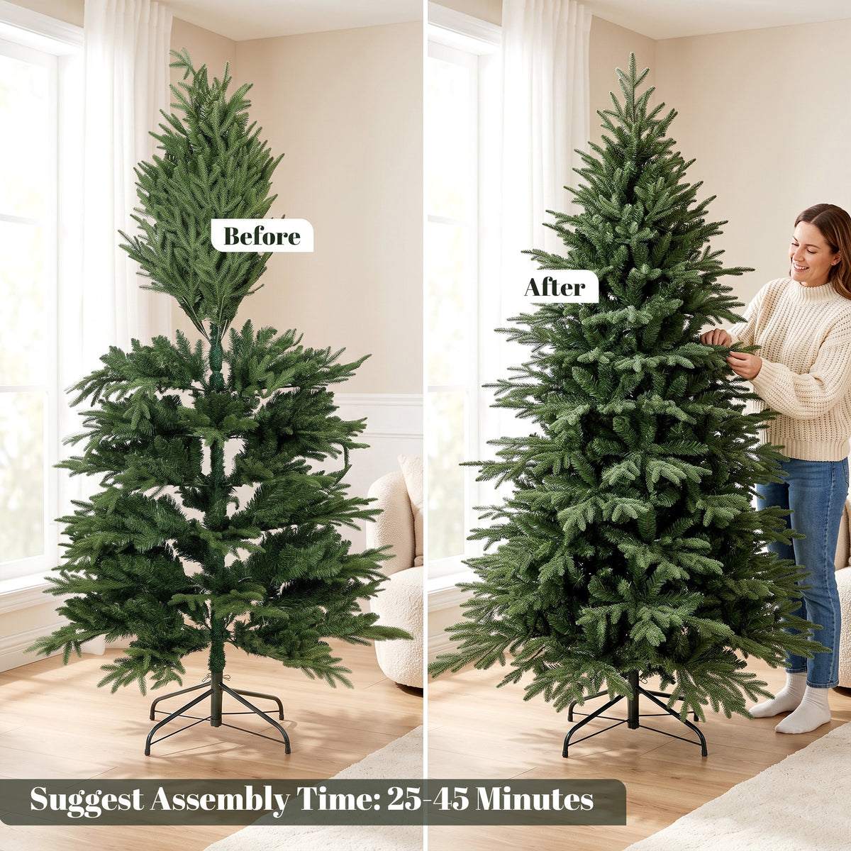 6ft Artificial Christmas Tree, Full Hinged Xmas Tree with 2081 PE & PVC Tips, Foldable Metal Base for Home Office Holiday Decoration, Green