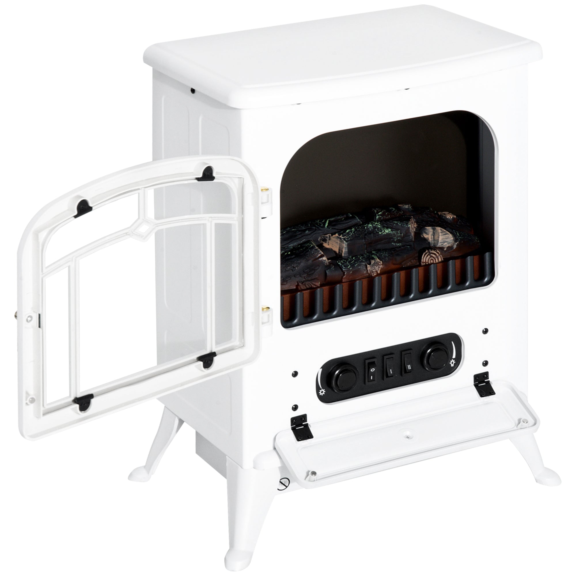 16" Freestanding Electric Fireplace Heater Fire Stove with Wood Burning Flame 750/1500W White