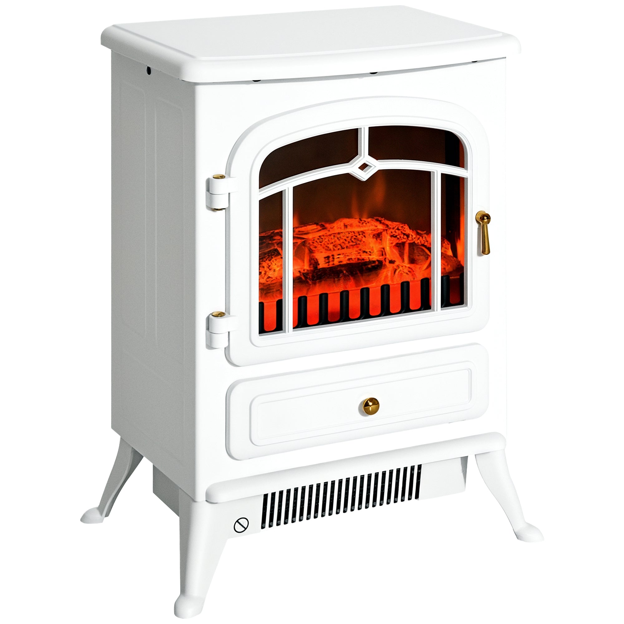 16" Freestanding Electric Fireplace Heater Fire Stove with Wood Burning Flame 750/1500W White