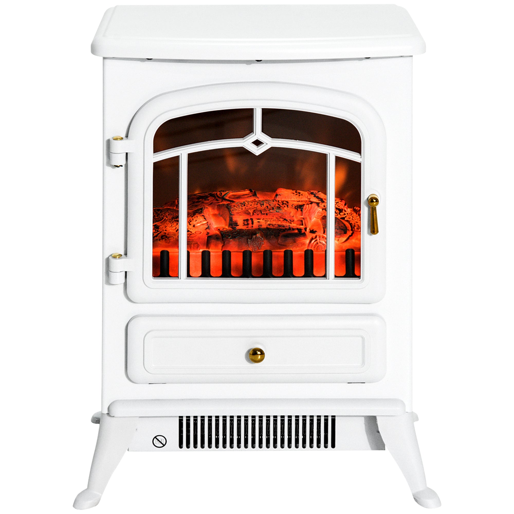 16" Freestanding Electric Fireplace Heater Fire Stove with Wood Burning Flame 750/1500W White