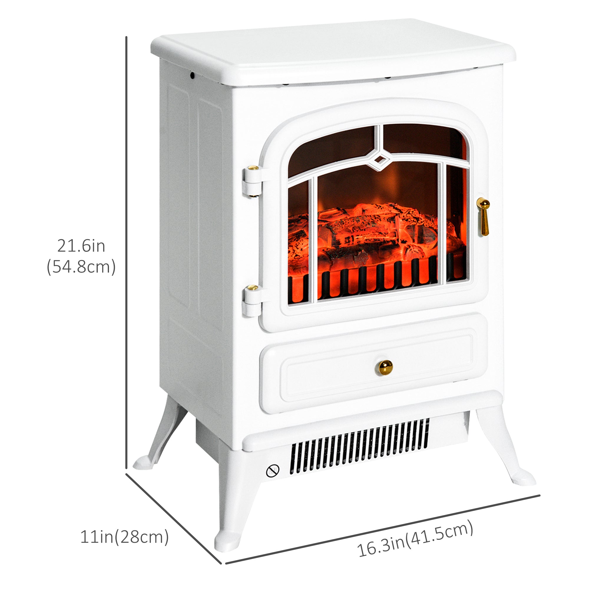 16" Freestanding Electric Fireplace Heater Fire Stove with Wood Burning Flame 750/1500W White