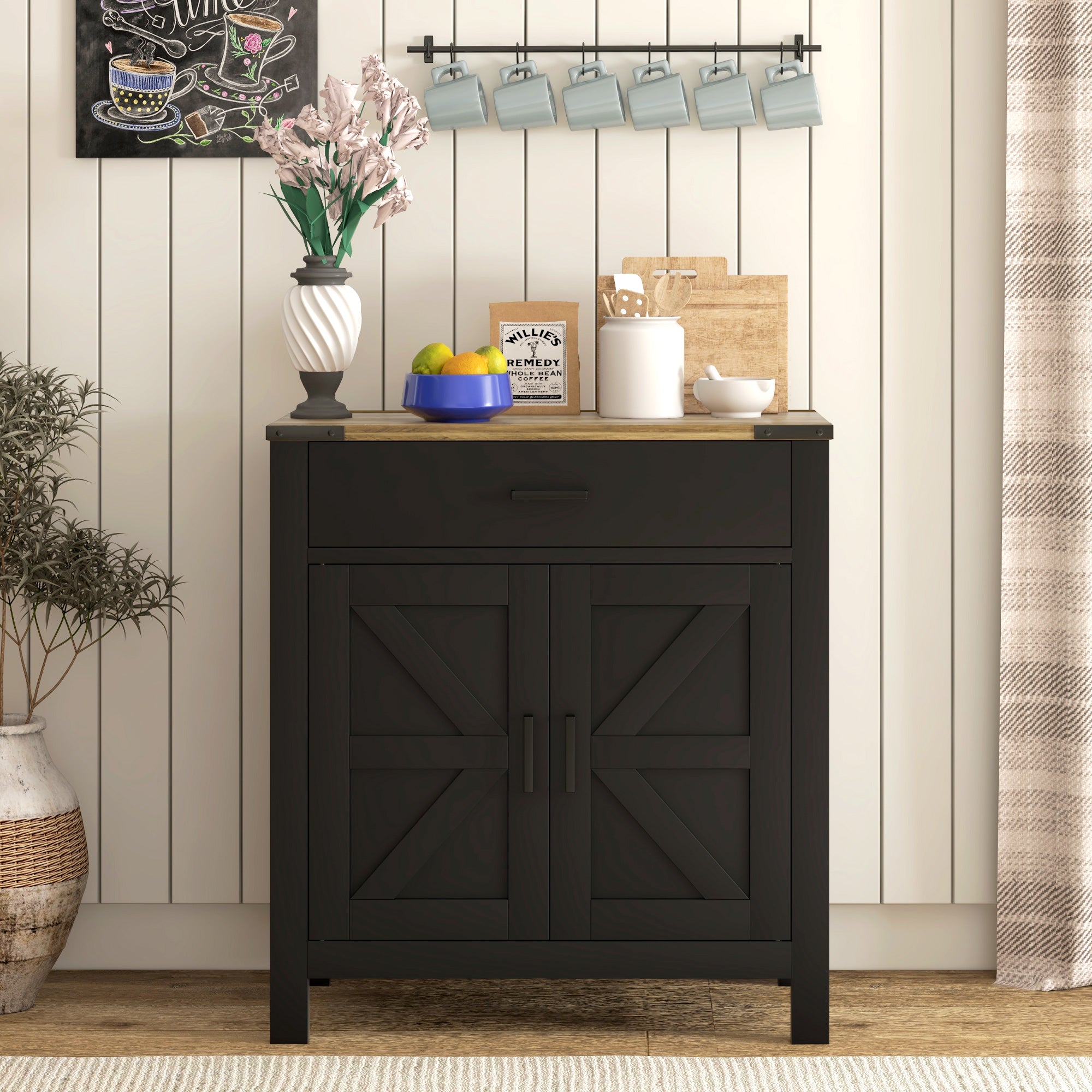 HOMCOM Sideboard with 1 Drawer 1 Storage Cabinet, Buffet Cabinet with Barn-style Doors and Adjustable Shelf, Farmhouse Kitchen Cabinet, Black