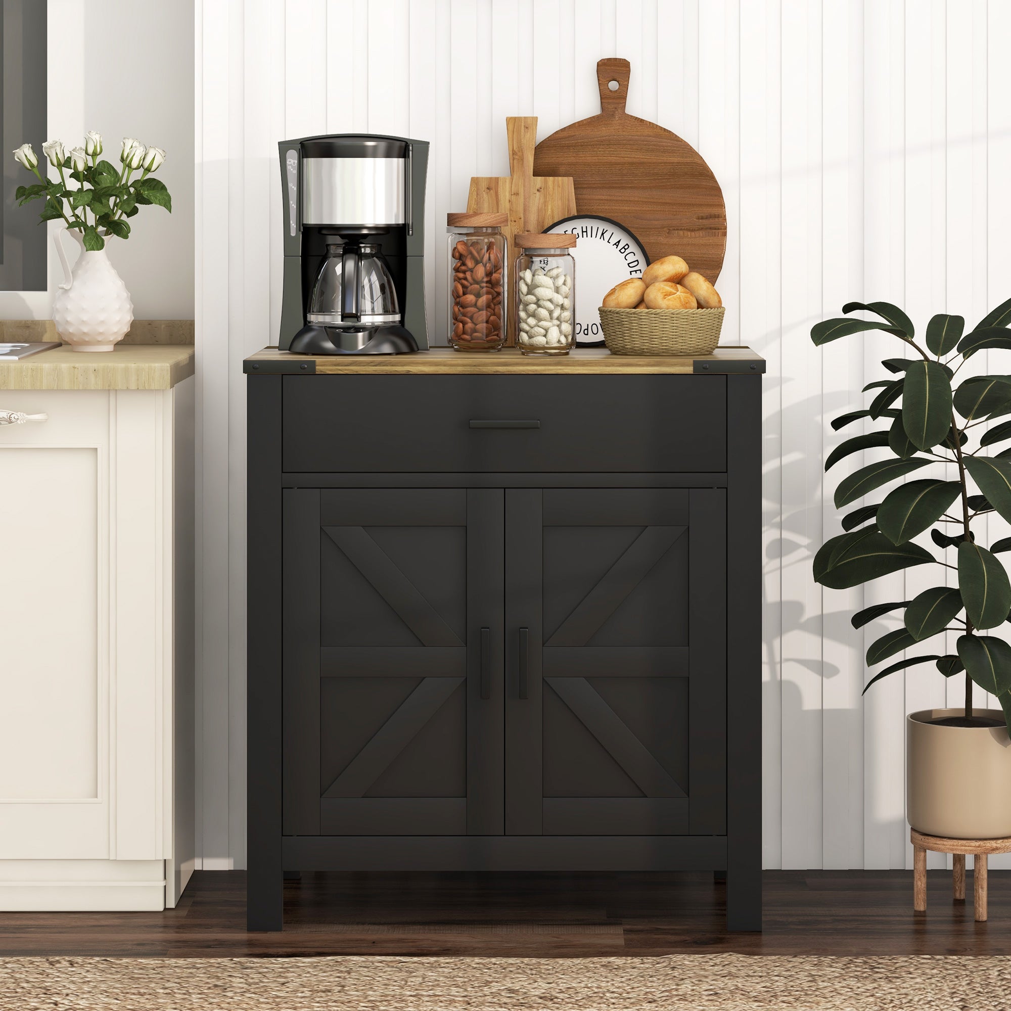 HOMCOM Sideboard with 1 Drawer 1 Storage Cabinet, Buffet Cabinet with Barn-style Doors and Adjustable Shelf, Farmhouse Kitchen Cabinet, Black