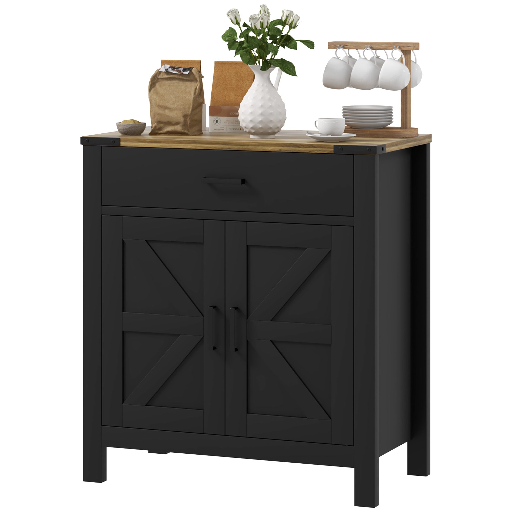 HOMCOM Sideboard with 1 Drawer 1 Storage Cabinet, Buffet Cabinet with Barn-style Doors and Adjustable Shelf, Farmhouse Kitchen Cabinet, Black