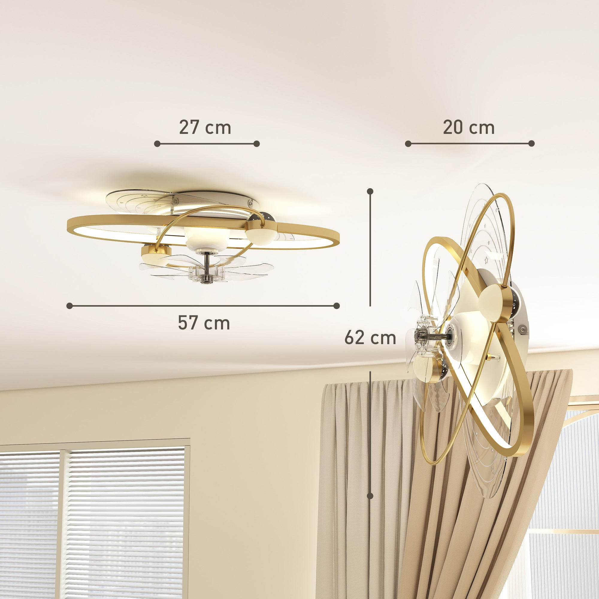 Ceiling Fans with Lights and Remote & App Control, 62 cm Modern LED Ceiling Fan Light with 3 Colour Temperatures, 6 Speed, Timer, Dimmable, Quiet Reversible DC Motor, for Bedroom, Gold Tone