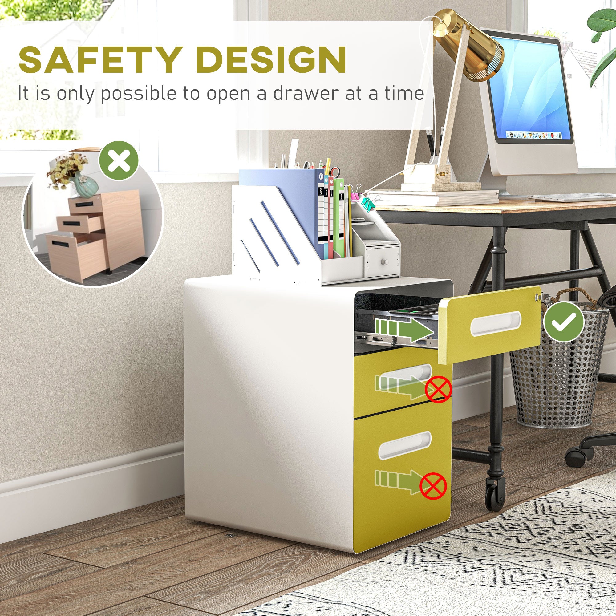Vinsetto Lockable File Cabinet with 3 Drawers, Vertical Office Drawer for A4, Letter, Legal Size, Anti-tilt Design, Pre-Assembled Body, Yellow