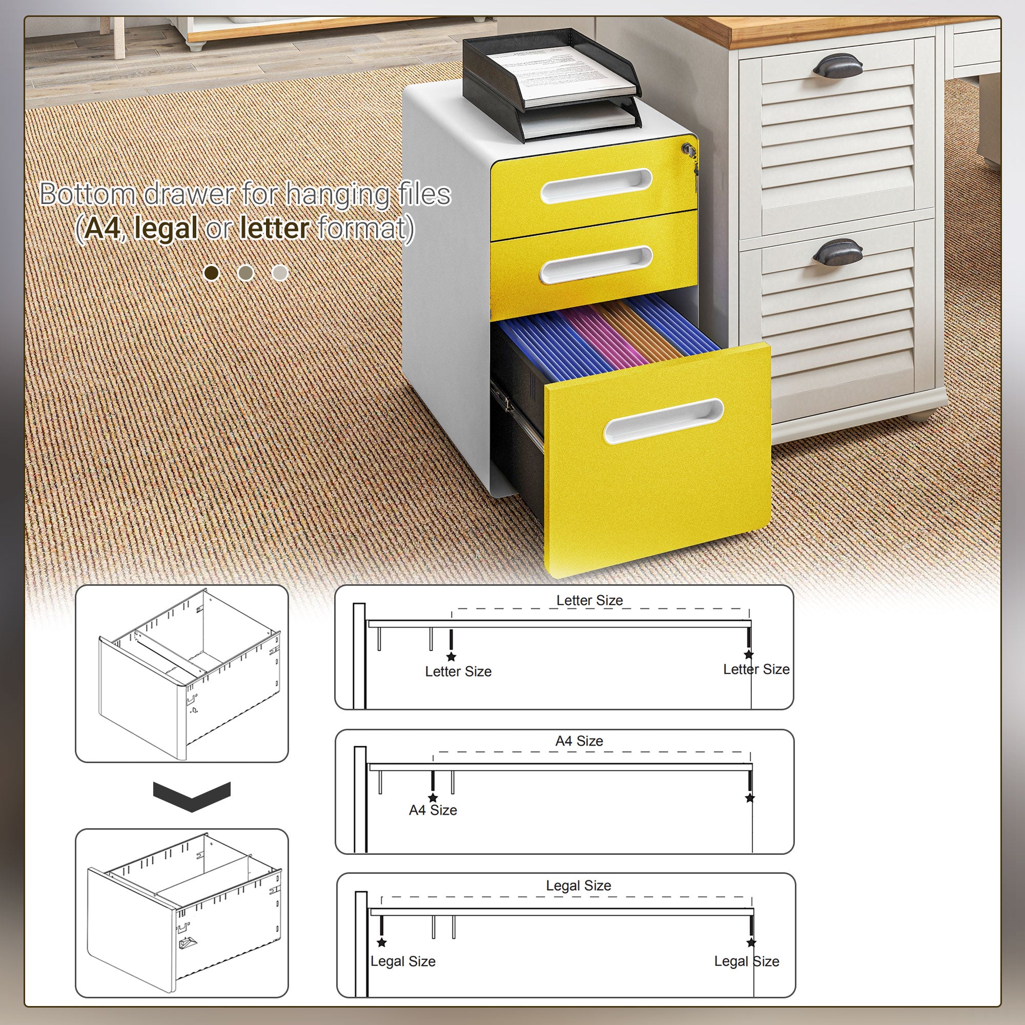 Vinsetto Lockable File Cabinet with 3 Drawers, Vertical Office Drawer for A4, Letter, Legal Size, Anti-tilt Design, Pre-Assembled Body, Yellow
